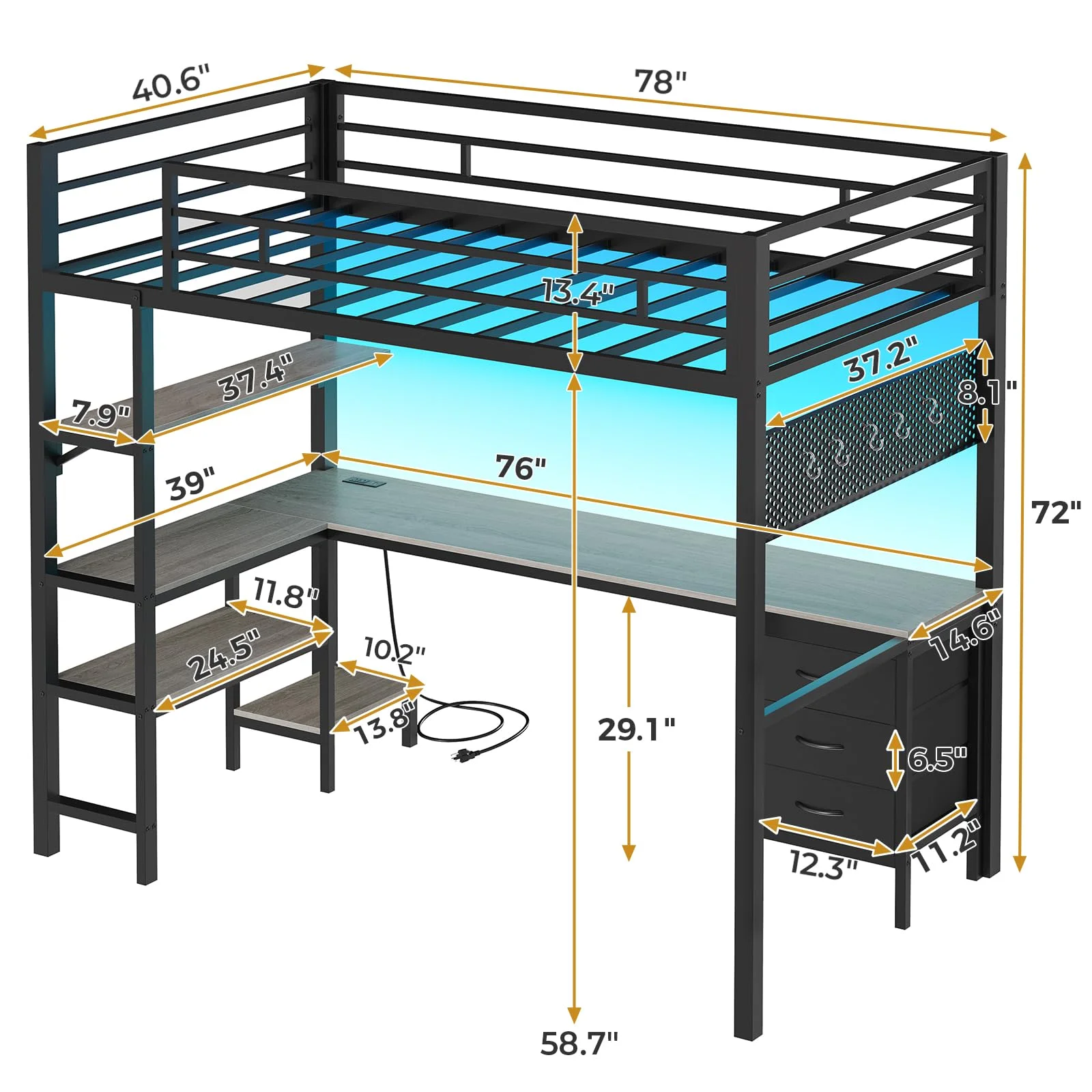 Afuhokles Loft Bed Twin Size with L-Shaped Desk and Charging Station, LED Light Twin Metal Loft Bed with Fabric Drawers and Shelves, Gray