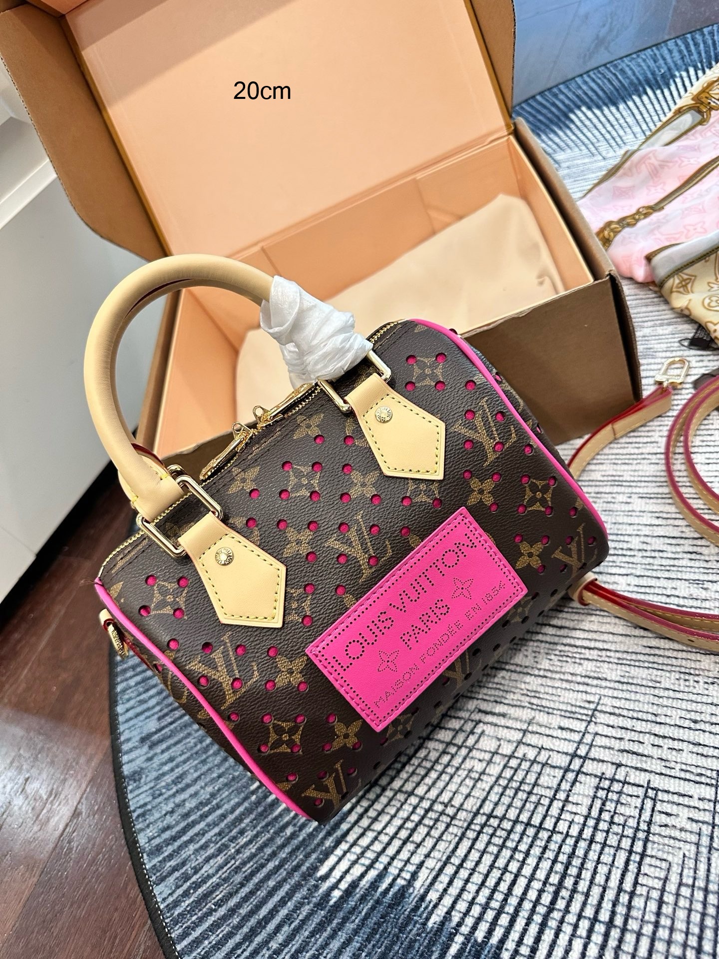 LV Speedy 20/30 Perforated Monogram Leather Patch Neon Piping Boston Top Handle Bag