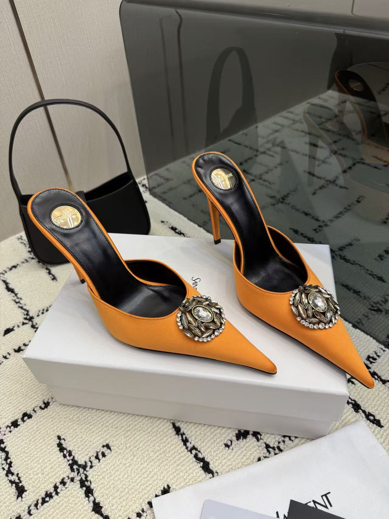 YSL Orange Pointed Toe Satin Crystal Brooch Stiletto Heel Mules Sandals