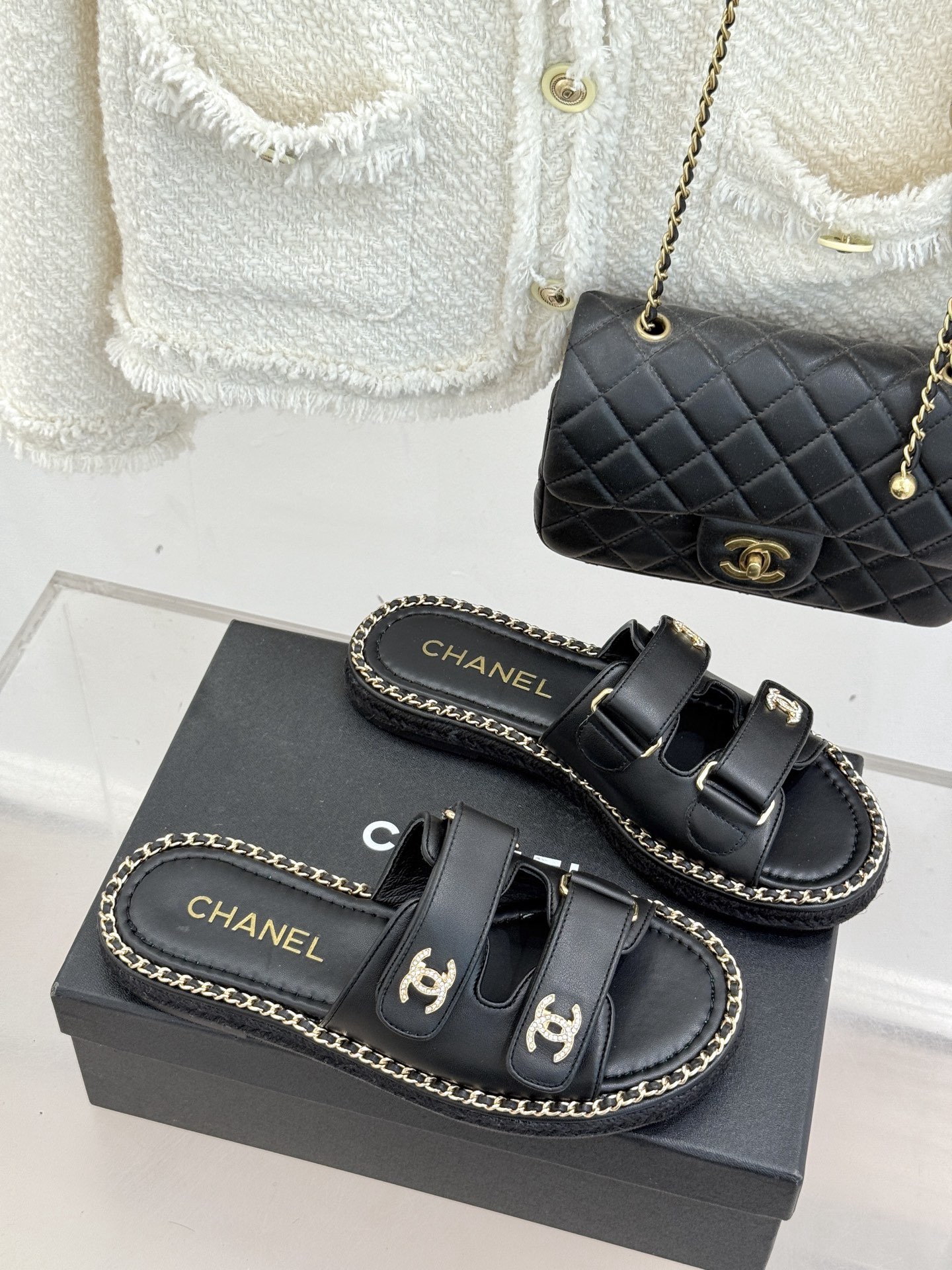 Chanel Black CC Double Breasted Flat Slippers Sandals