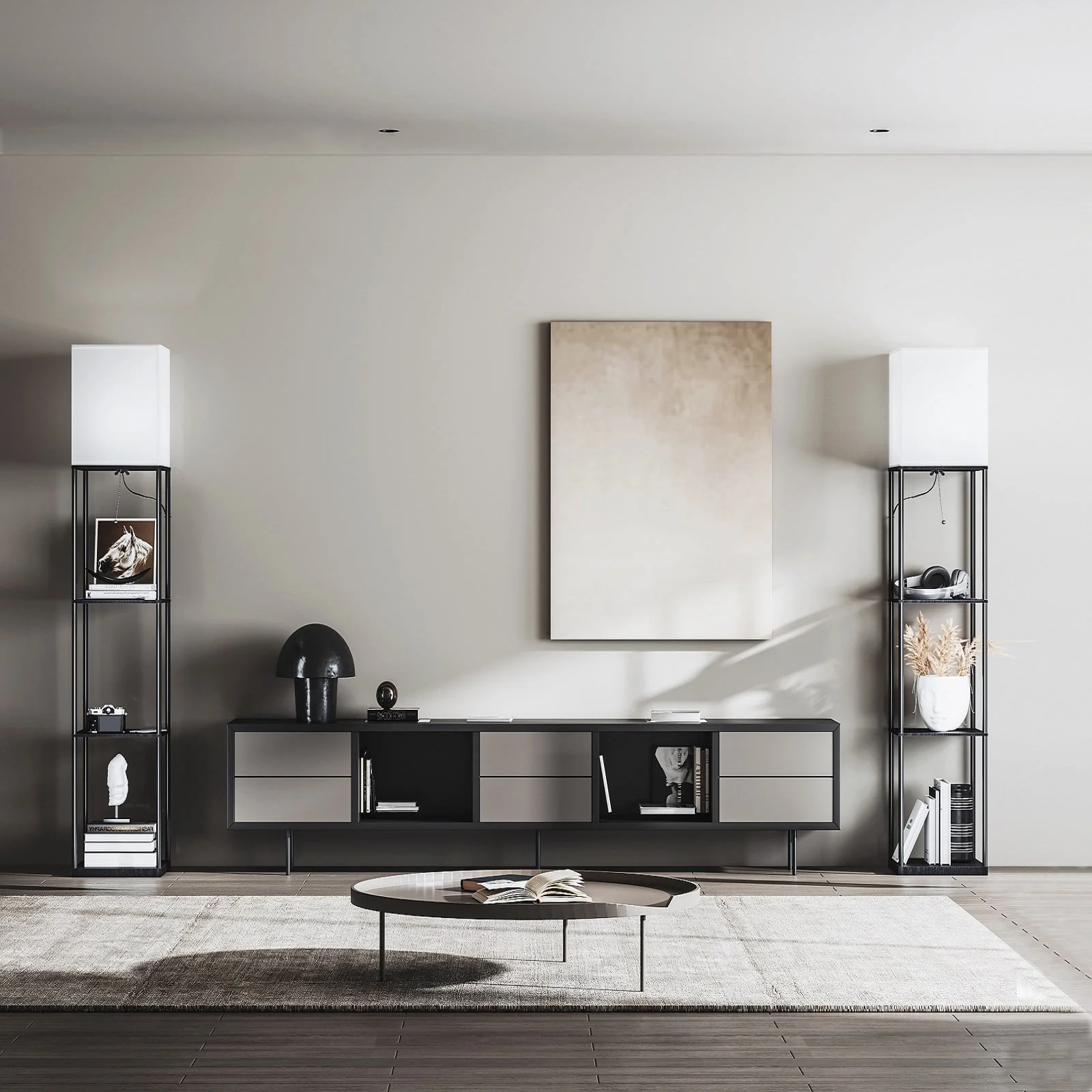 Modern Iron Shelf Floor Lamp with 3-Way Dimmable LED Bulb, Shelves and White Shade for Living Room and Bedroom(Black)