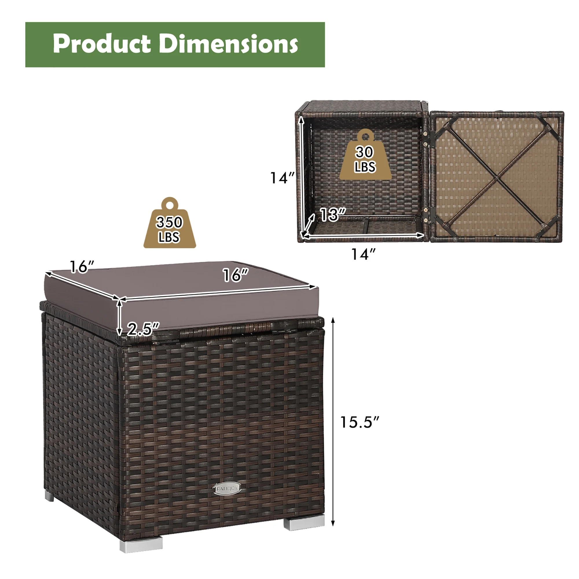 Gymax 2PCS Outdoor Patio Ottomans Hand-Woven PE Wicker Footstools w/ Removable Cushions Grey