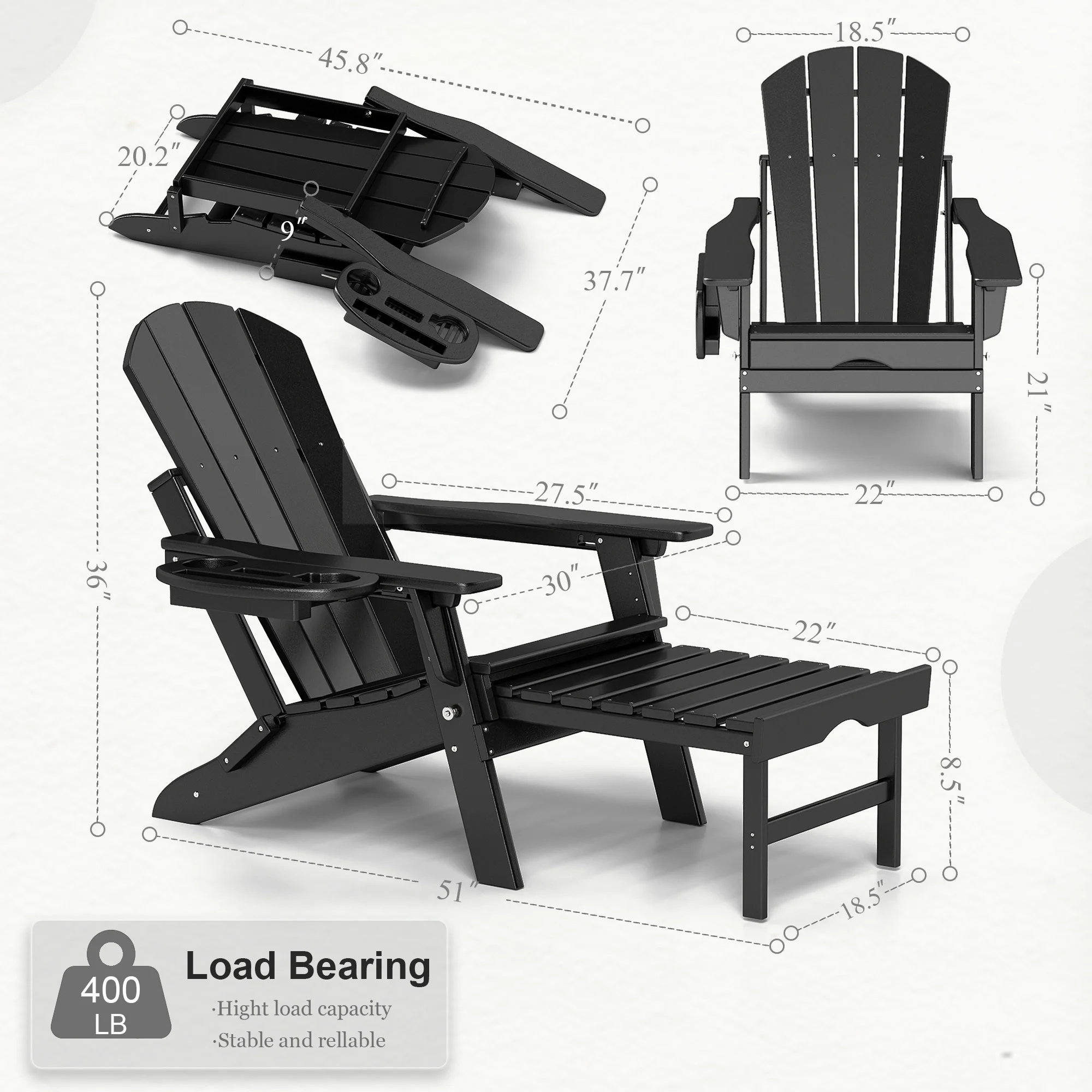 Folding Adirondack Chair with Ottoman, Adjustable Backrest Plastic HDPE Adirondack Chairs w/4 in 1 Cup Holder Tray, Black