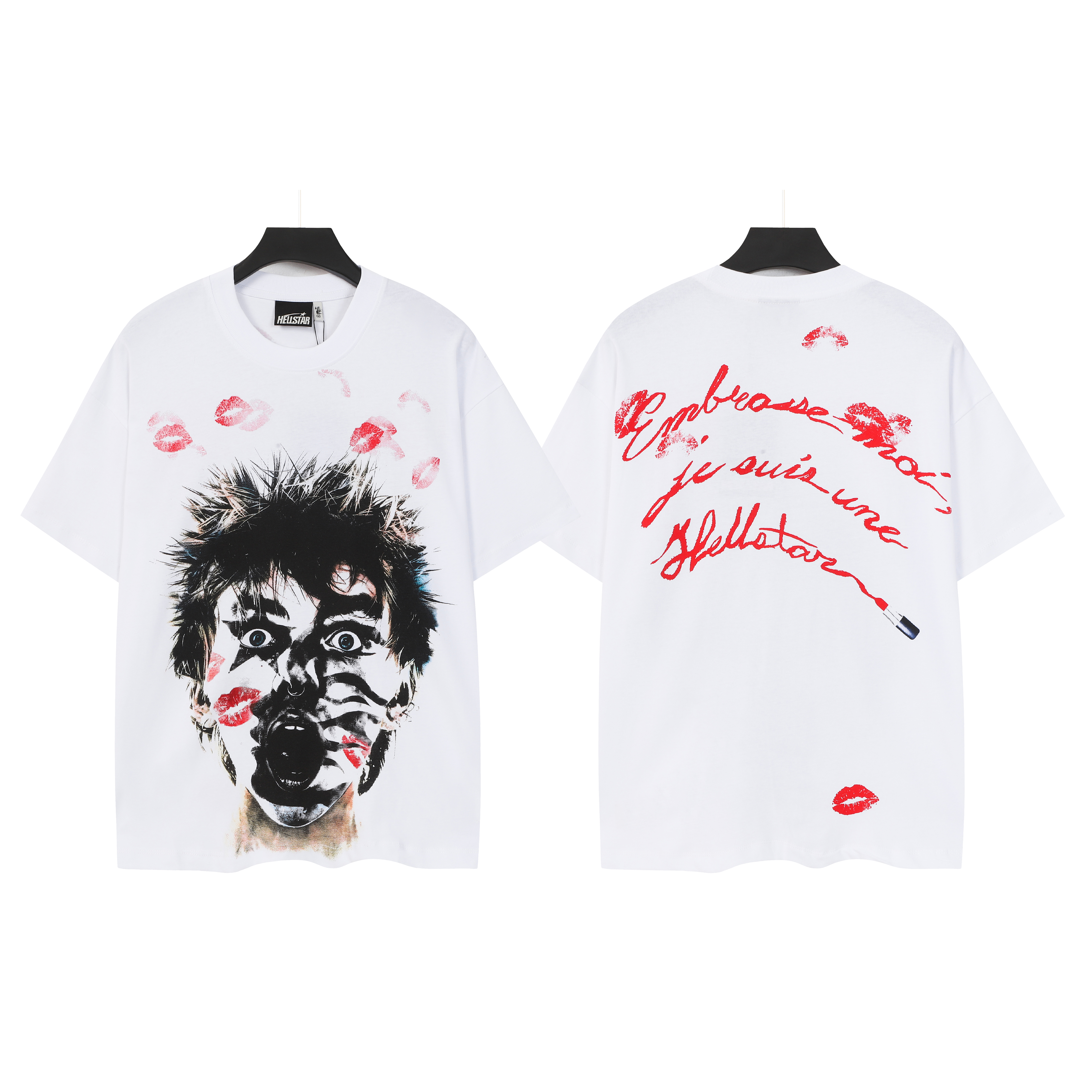 White background face graffiti boy red lip print short-sleeved shirt