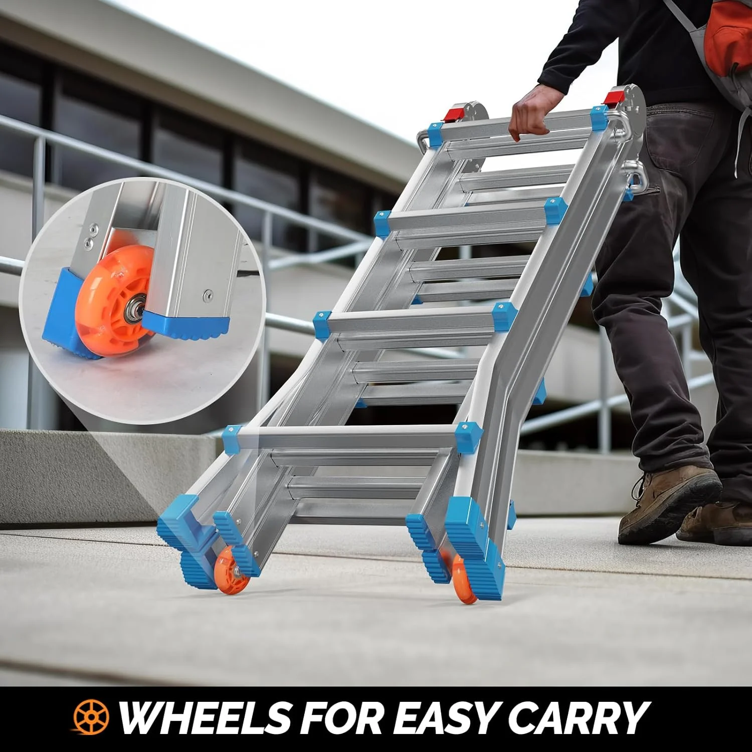 BaytoCare Extension Ladder with Wheels, 17ft Reach Height A Frame 4 Step Ladder, Muti Position Telescoping Ladder, 330 lbs Capacity, Flared Leg Design