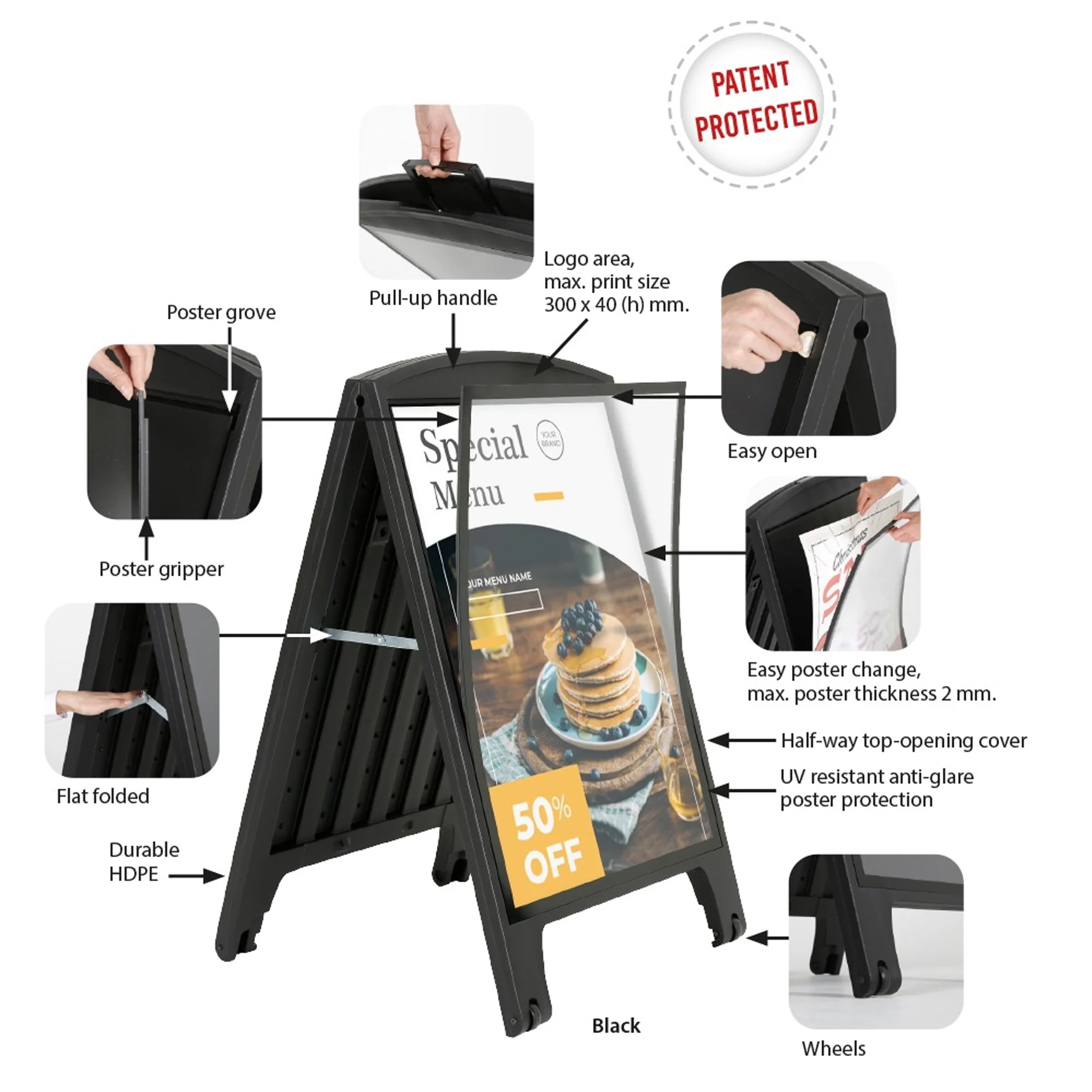 Street SignPro Deco with Protective Cover 23.39"x33.11" Black Portable Sidewalk Display Sign