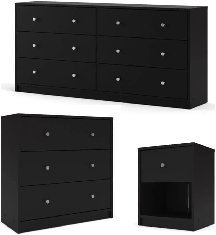 3-Pc Scandinavian Design Engineered Wood Bedroom Furniture Set with 3-Drawer Chest & 6-Drawer Double Dresser & 1-Drawer Nightstand, Pewter Plastic Handles, Smooth Plastic Glides, in Black