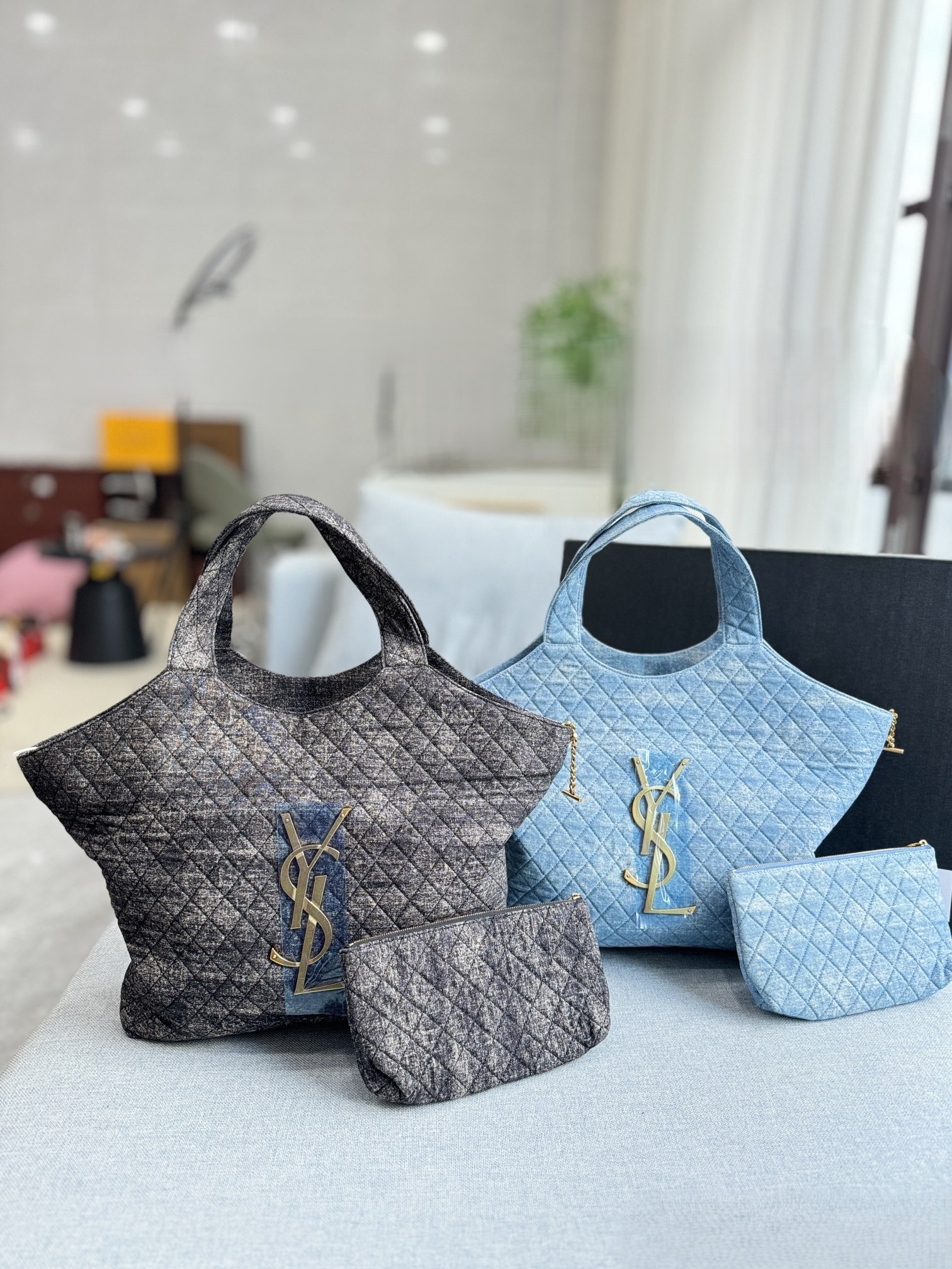 YSL Icare Maxi Denim Monogram Quilted Leather Shopping Tote Bag With Pouch