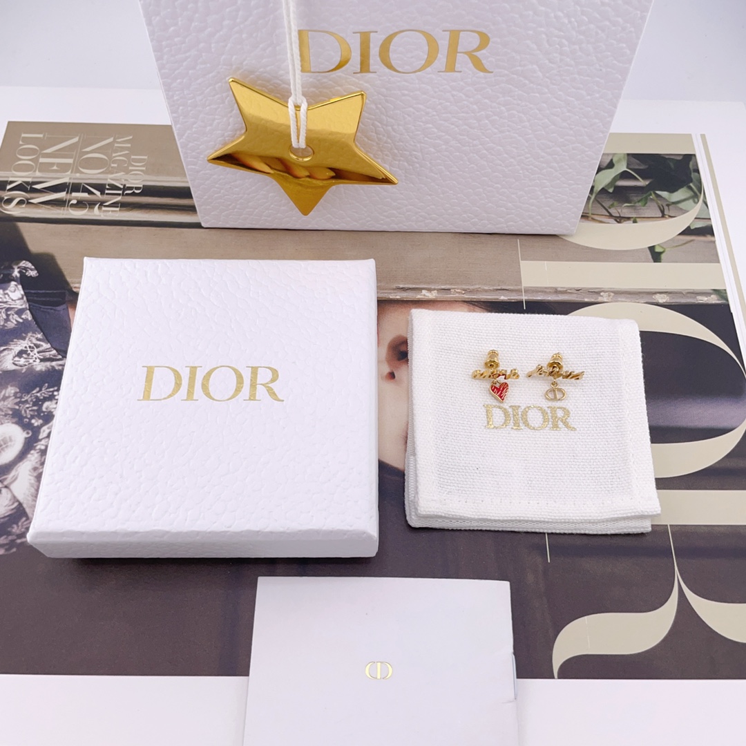 Dior Red Heart Letter Earrings