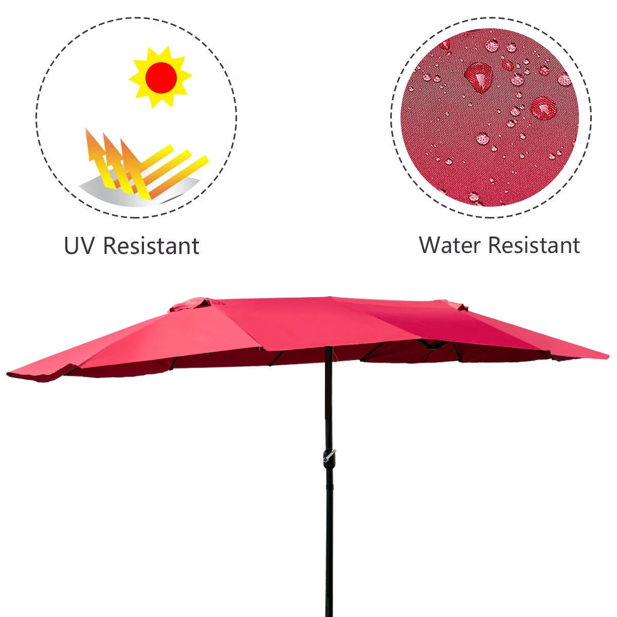 Costway 15' Market Outdoor Umbrella Double-Sided Twin Patio Umbrella with Crank Wine