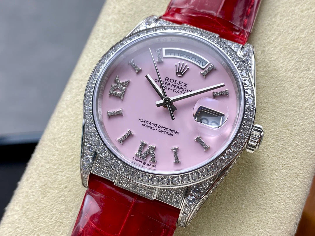 ROLEX Watch Day-Date 36mm Diamond Red Leather Pink Dial