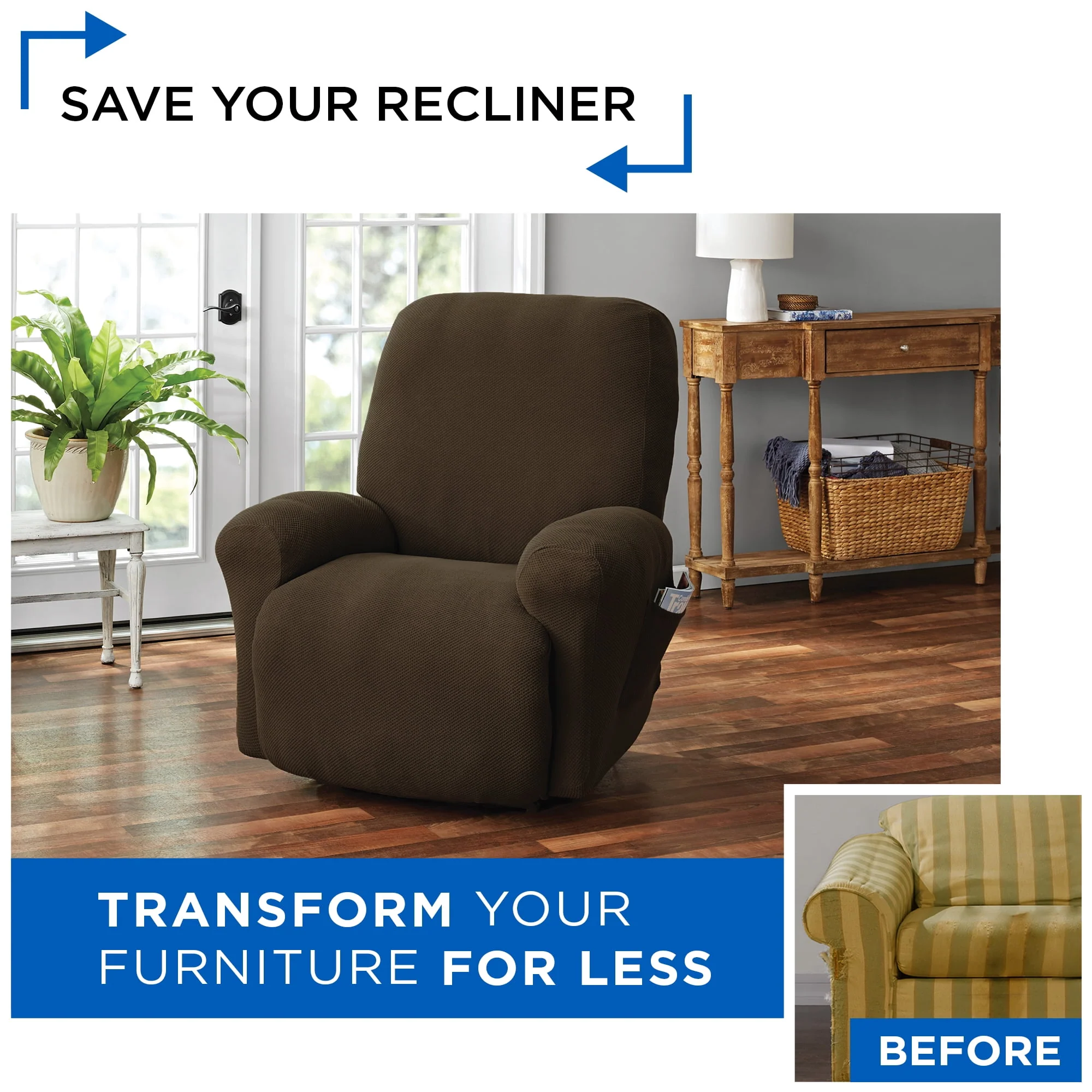 Mainstays Recliner Pixel Stretch Fabric Slipcover, Brown, 4-Piece