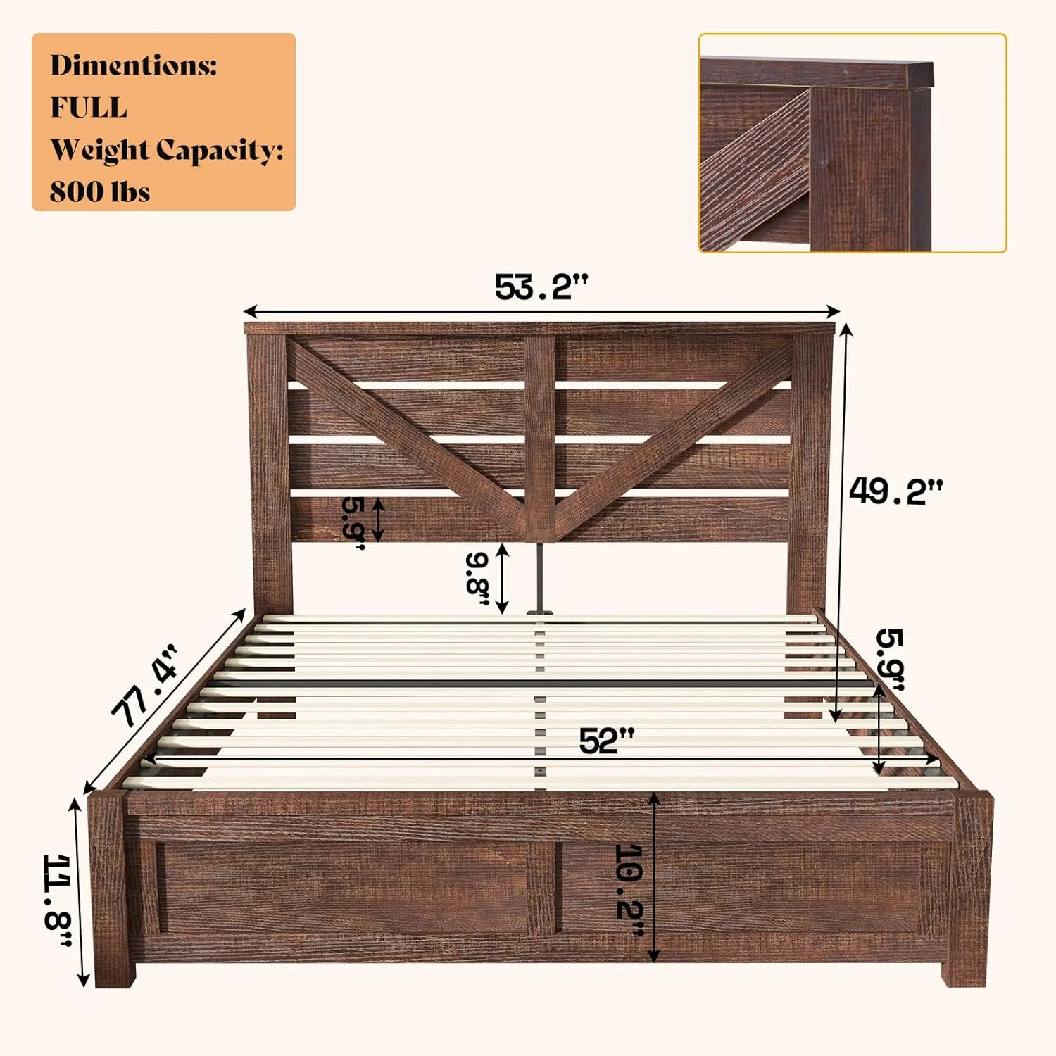 LUXOAK Full Size Farmhouse Bed Frame with Rustic Barn Door, Storage Space and Wood Slats, Brown