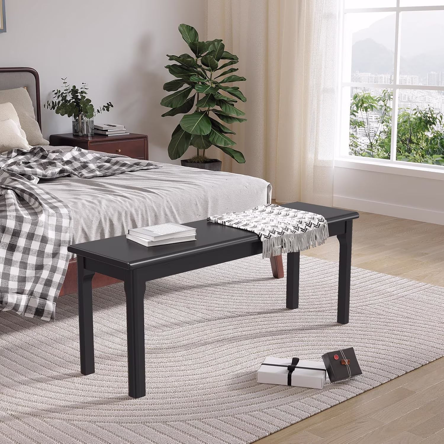 WILK Natural Wood Dining Bench, Entryway Bench, Bedroom Bench, Blue