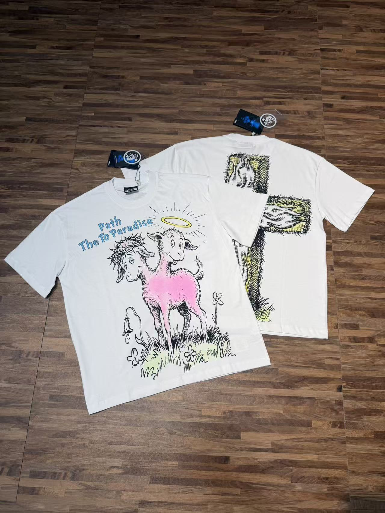 Double-headed evil and kind lamb print loose and comfortable short-sleeved shirt