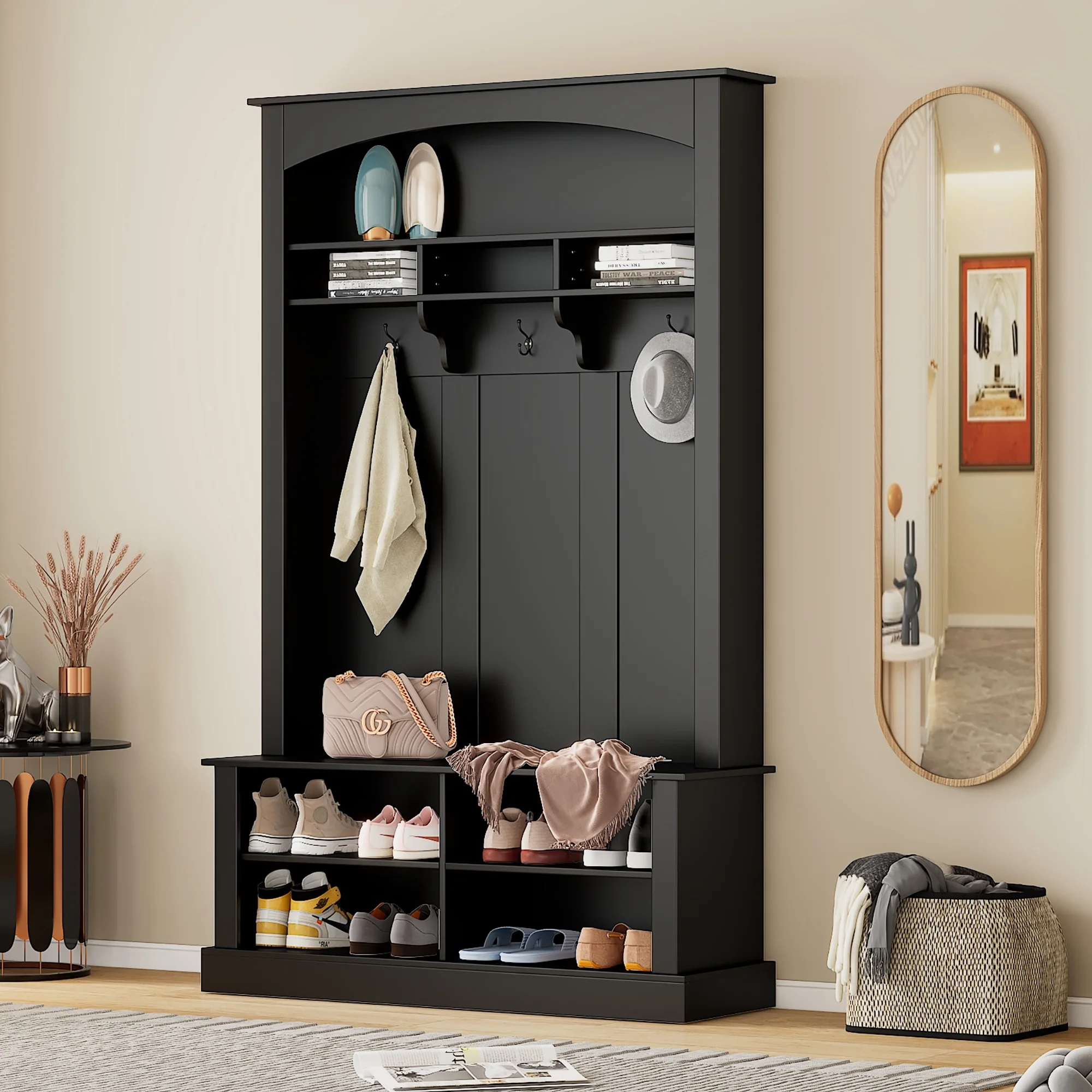 EUROCO 47.2'' Wide Hall Tree Multi-functional Entryway Cabinet with Bench, Shoe Storage, 3 Hanging Hooks Shelves,Open Storage Space and Coat Rack for Hallway, Black