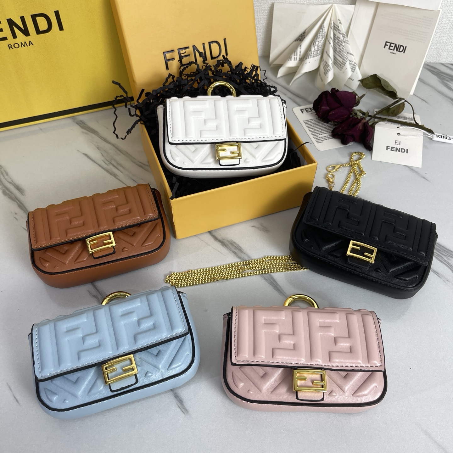 Fendi Nano Baguette FF Embossed Leather Bag
