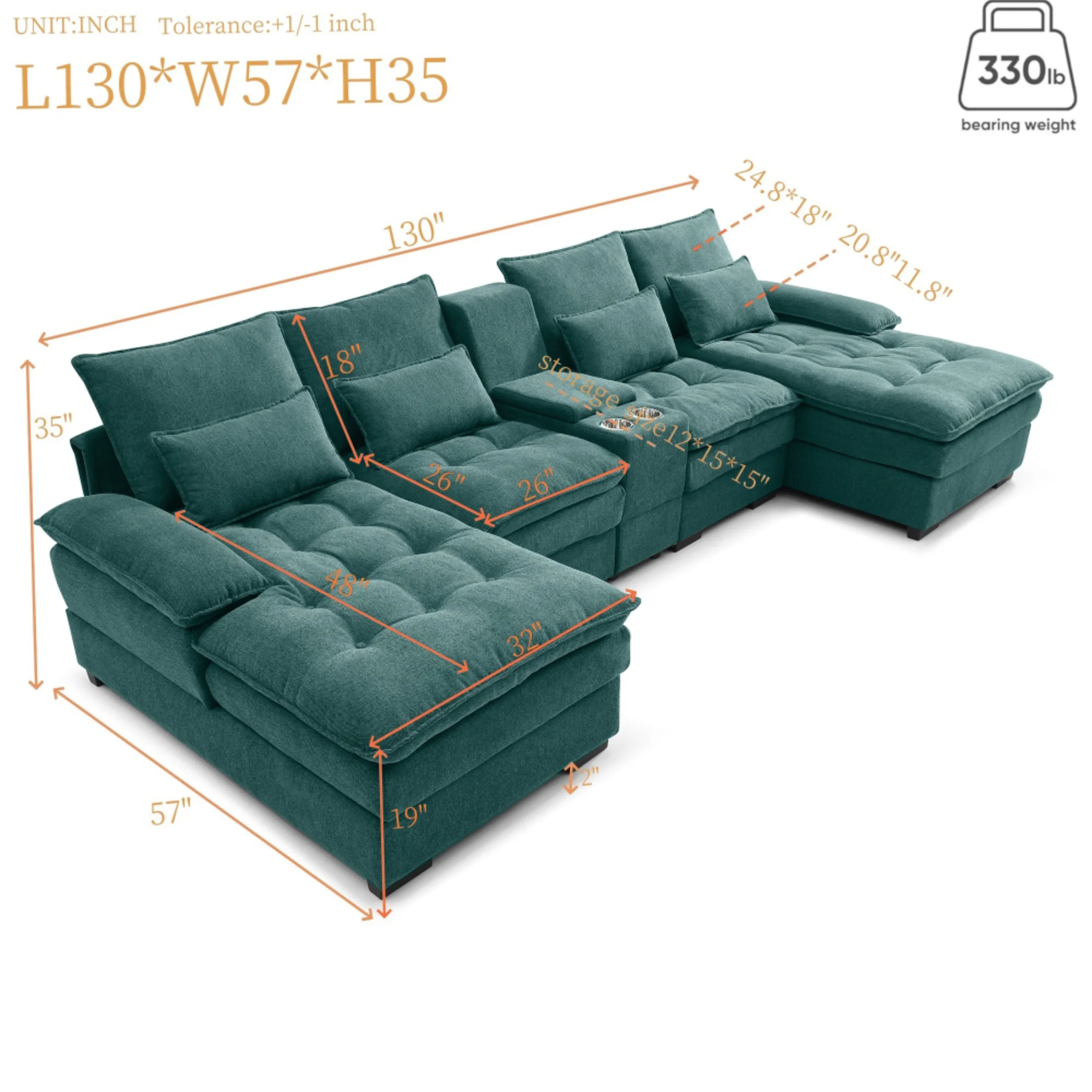 SEENYOO 130" U-Shaped Cloud Couch, Sectional with Console and Cup Holders, 6-Seat Sleeper Sofa with Chaise, Sectional Couches for Living Room, Green