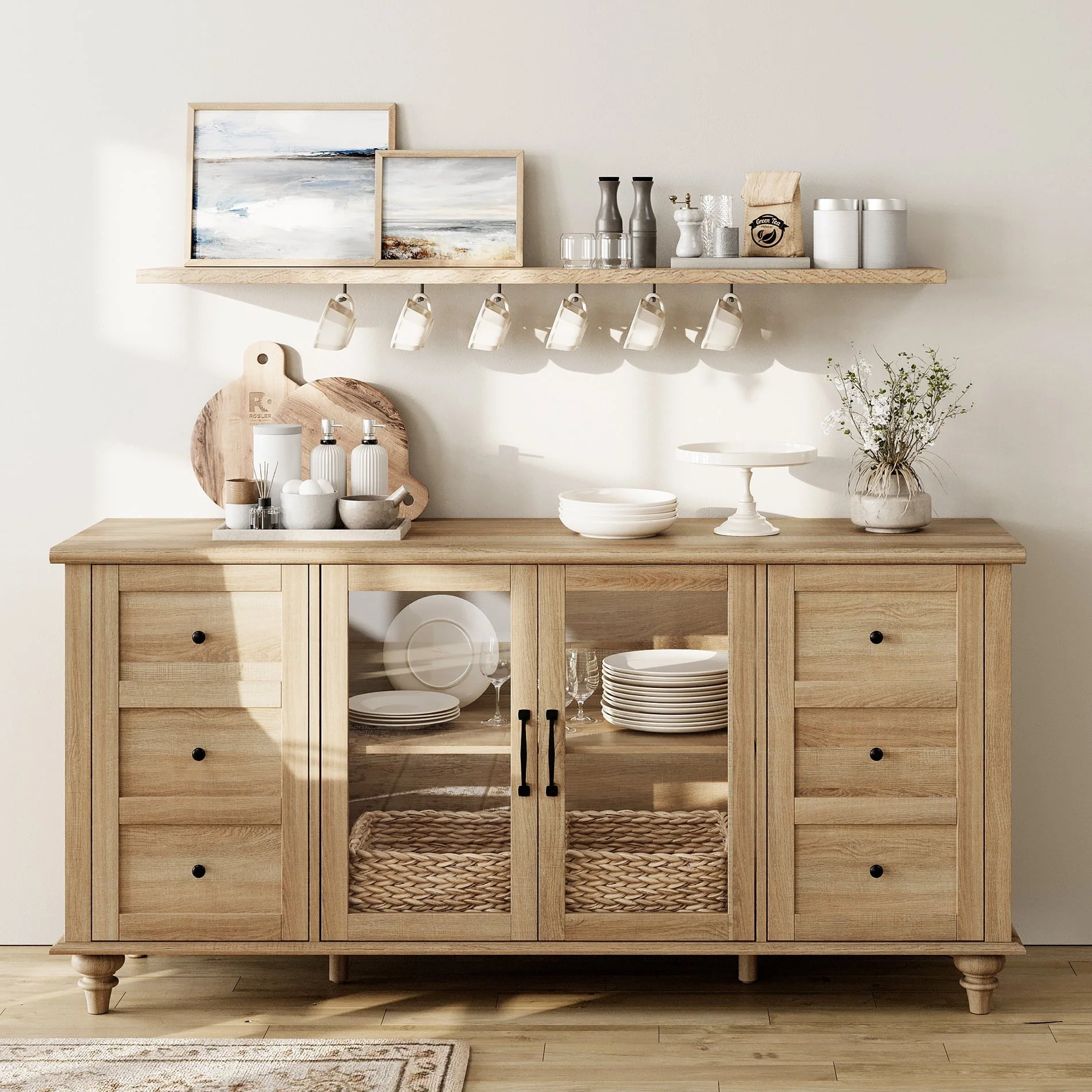 WAMPAT Sideboard Buffet Cabinets with Glass Door, Kitchen Storage Cabinets, Wood Coffee Bar Tables, Accent Sideboard Storage Cabinet Table Dining Room, Living Room,Oak