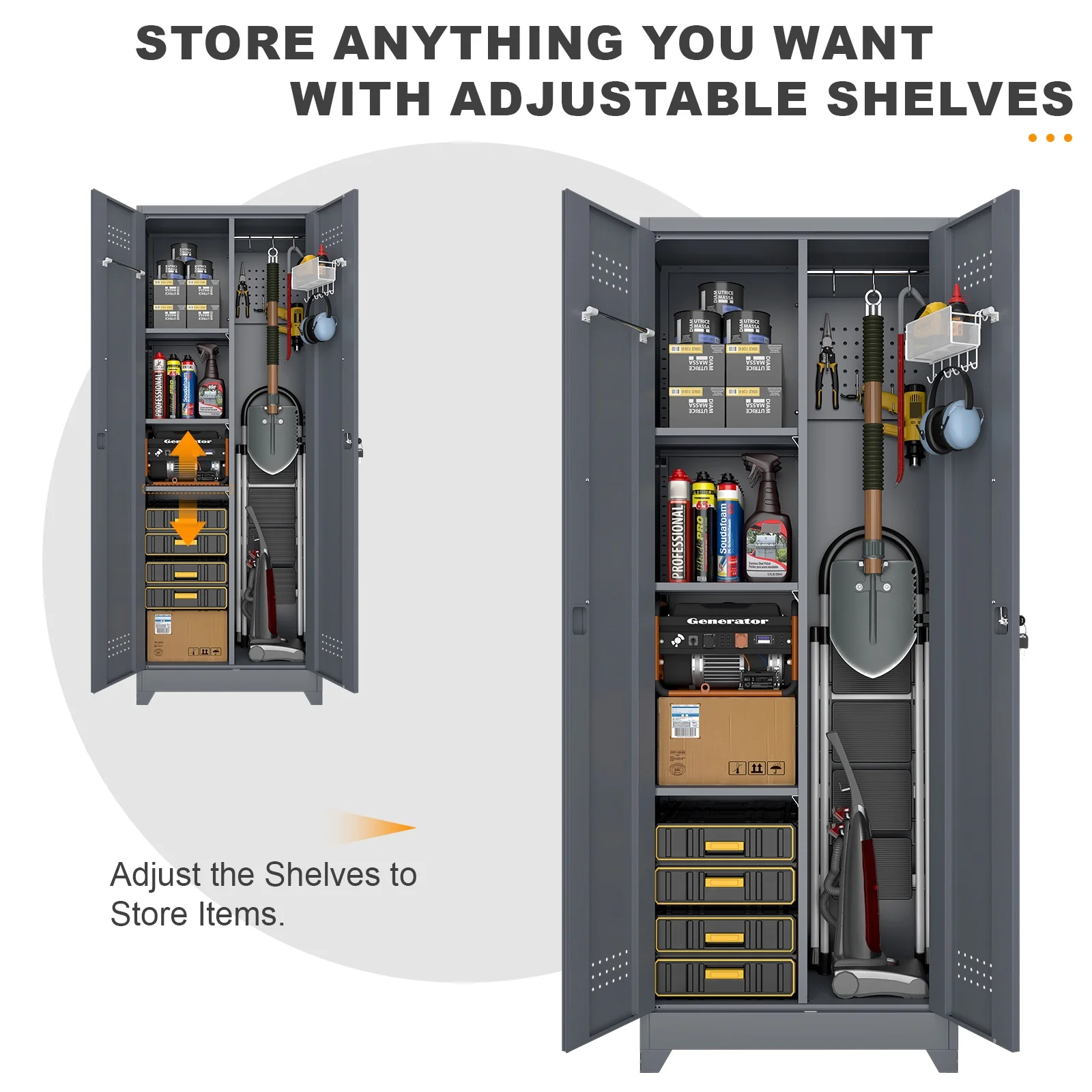 Marcree Broom Closet Storage Cabinet,Cleaning Supply Storage Cabinet,Metal Cleaning Closet Cabinet with Adjustable Shelves for Laundry Room Basement