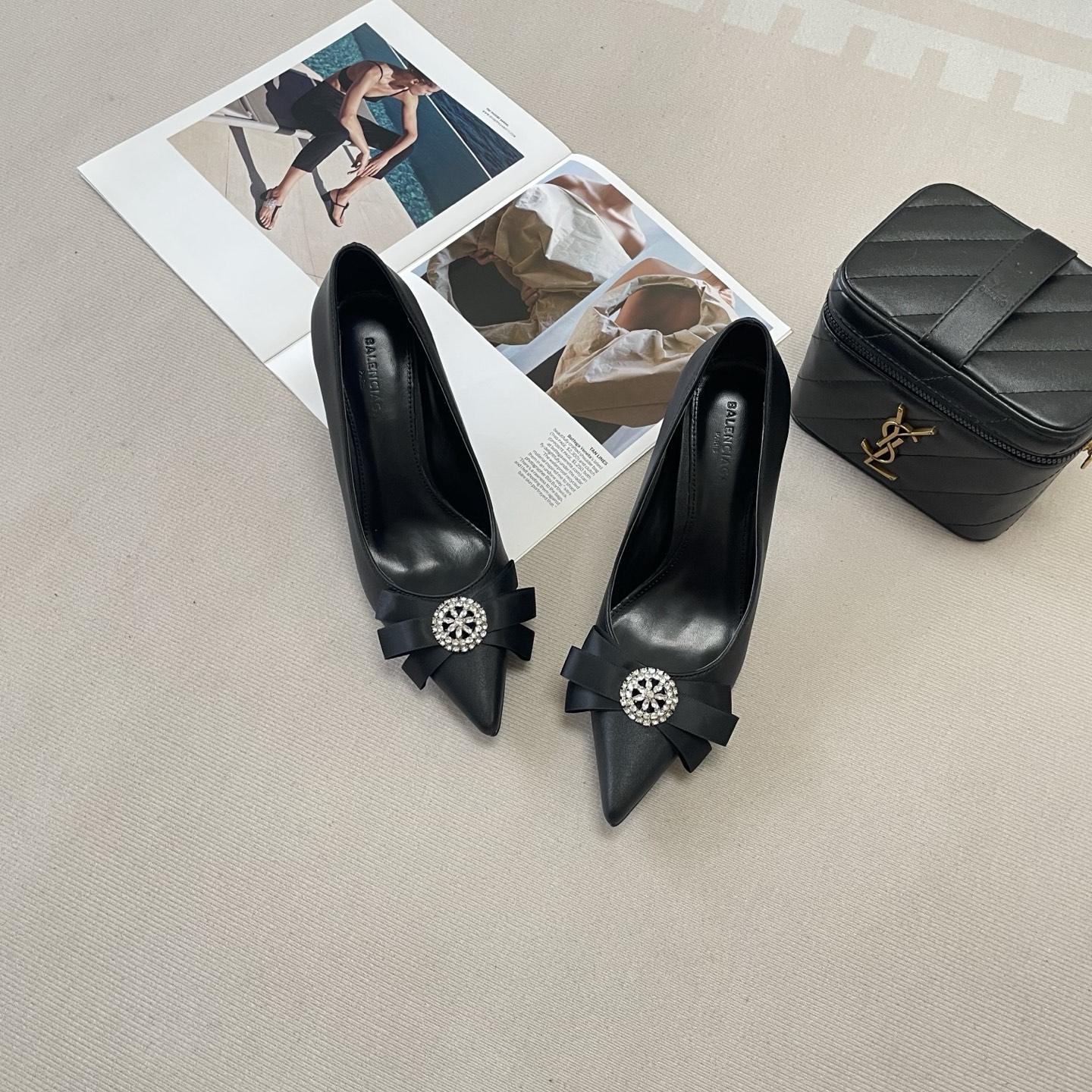 Balenciaga Style Pointed-Toe Satin Bow High Heels