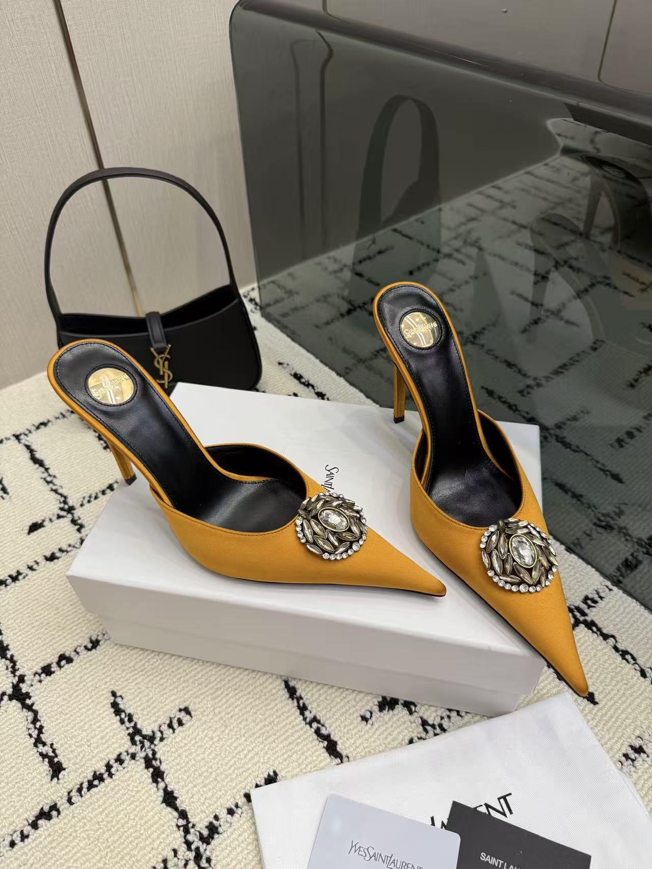 YSL Mustard Yellow Pointed Toe Satin Crystal Brooch Stiletto Heel Mules Sandals