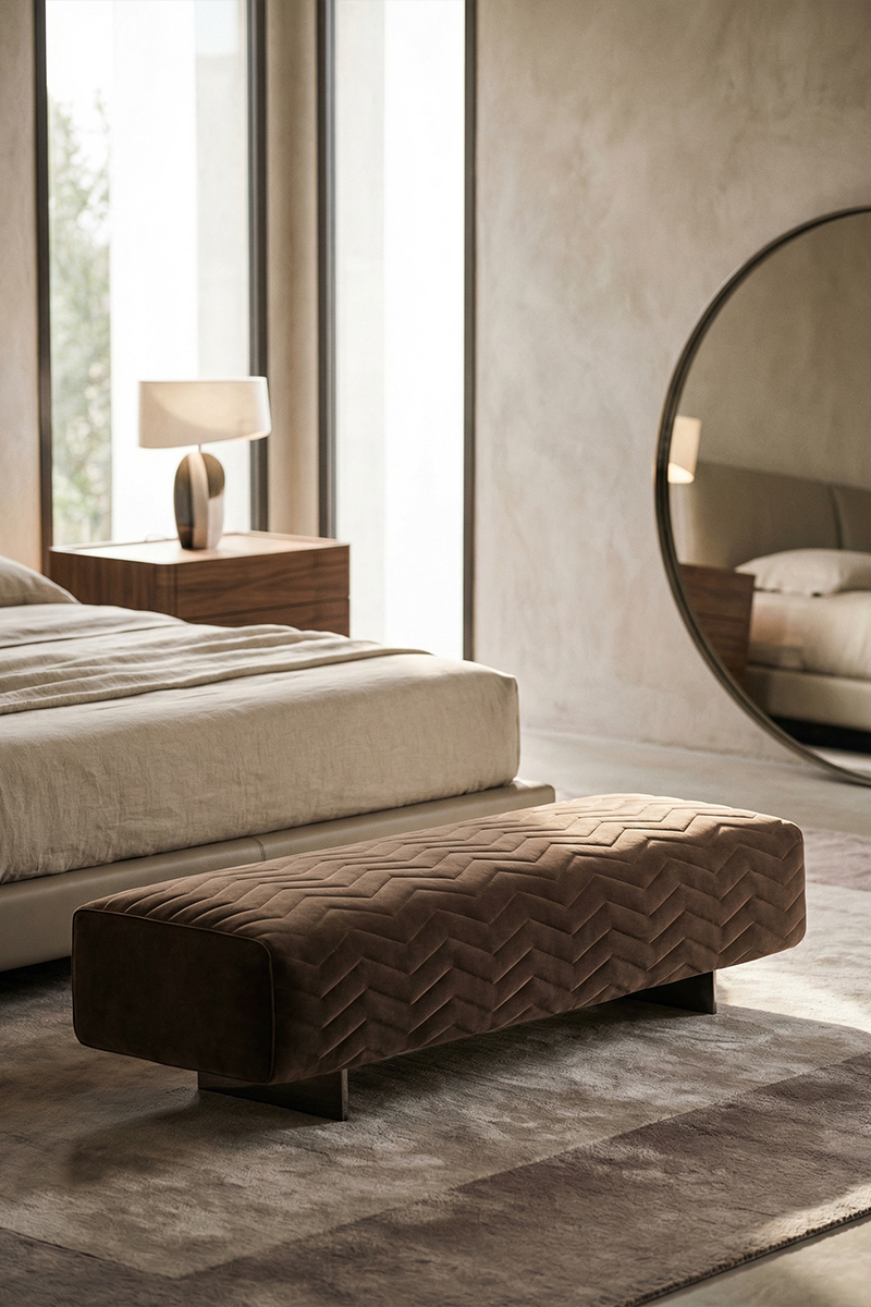 Modern luxury, suede bench, Italian minimalism, shoe changing bench, bedroom bedside bench
