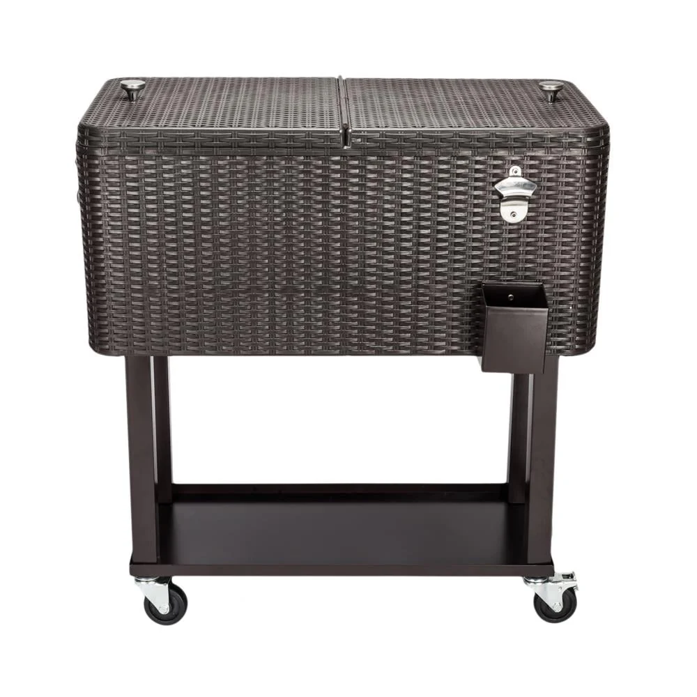 GoDecor 80 Quart Rattan Patio Rolling Cooler with Shelf Cooling Cart