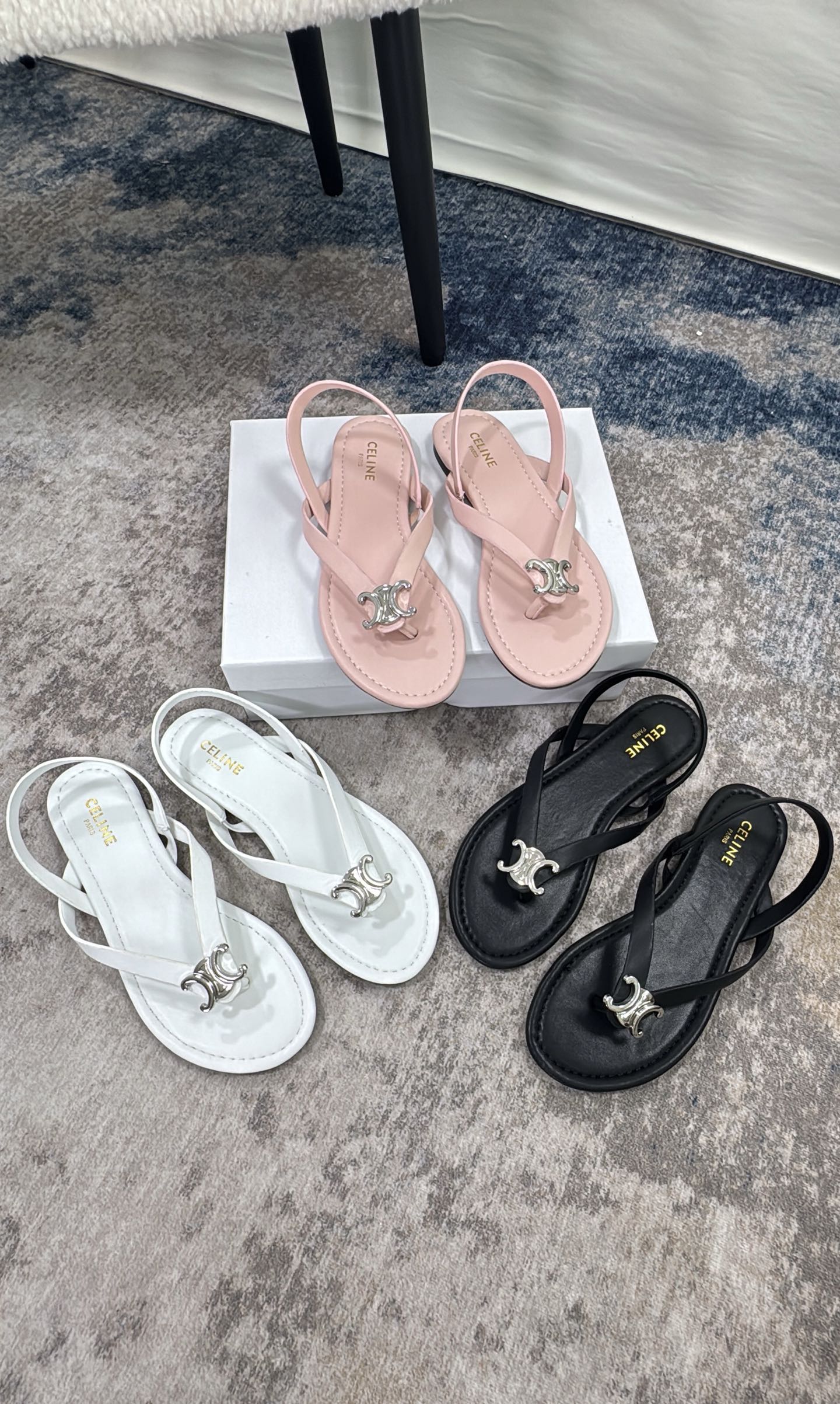 Celine Triomphe Metallic Logo Smooth Leather Slingback Thong Sandals