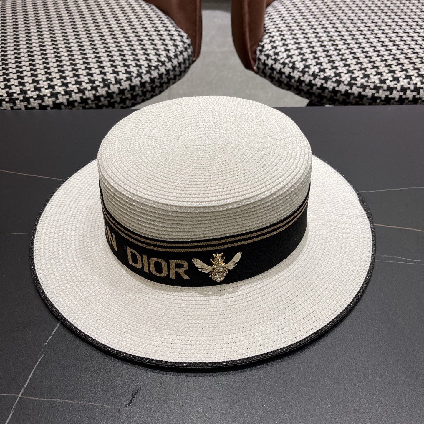 Dior Bee Logo Boater Hat Sun Hat
