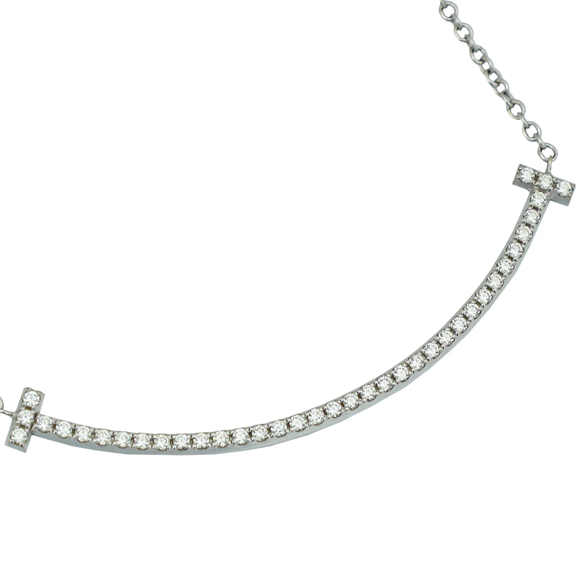 Tiffany & Co 18K White Gold Diamond T Smile Small Motif Pendant Necklace