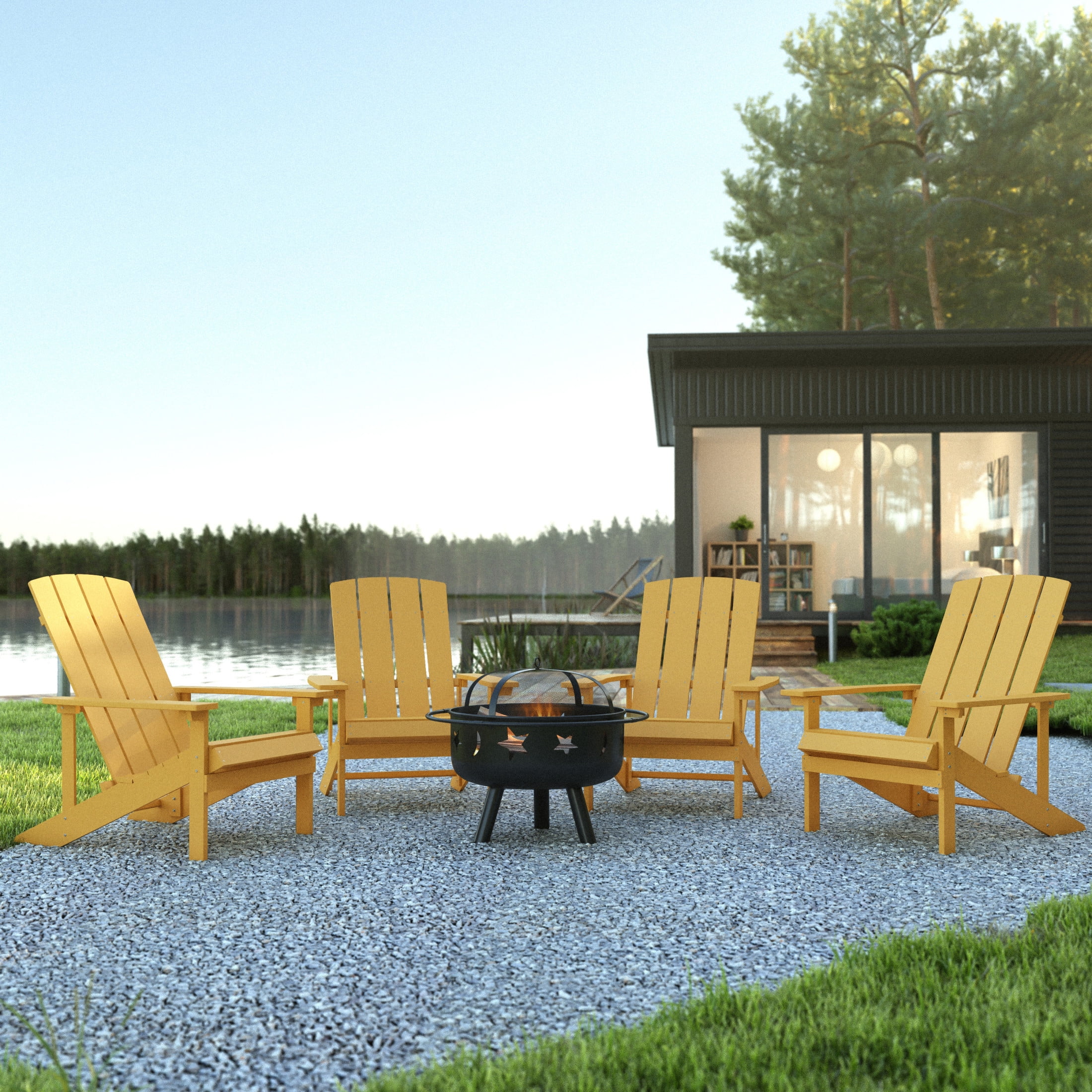 Flash Furniture Charlestown 5 Pcs Iron Wood Burning Fire Pit Set With Adirondack Chairs, Yellow
