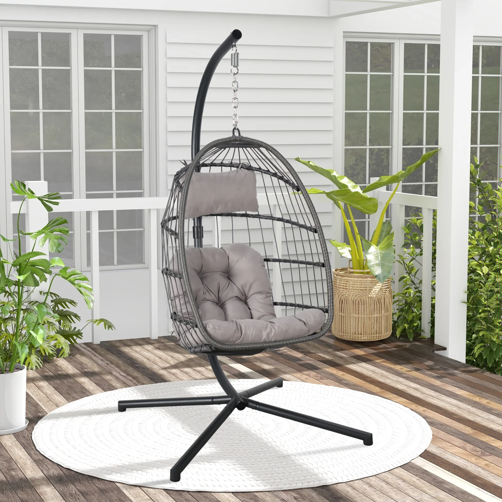 Indoor Outdoor Swing Egg Chair with Stand, Patio Foldable Grey Wicker Rattan Hanging Chair with Cushion, Light Gray