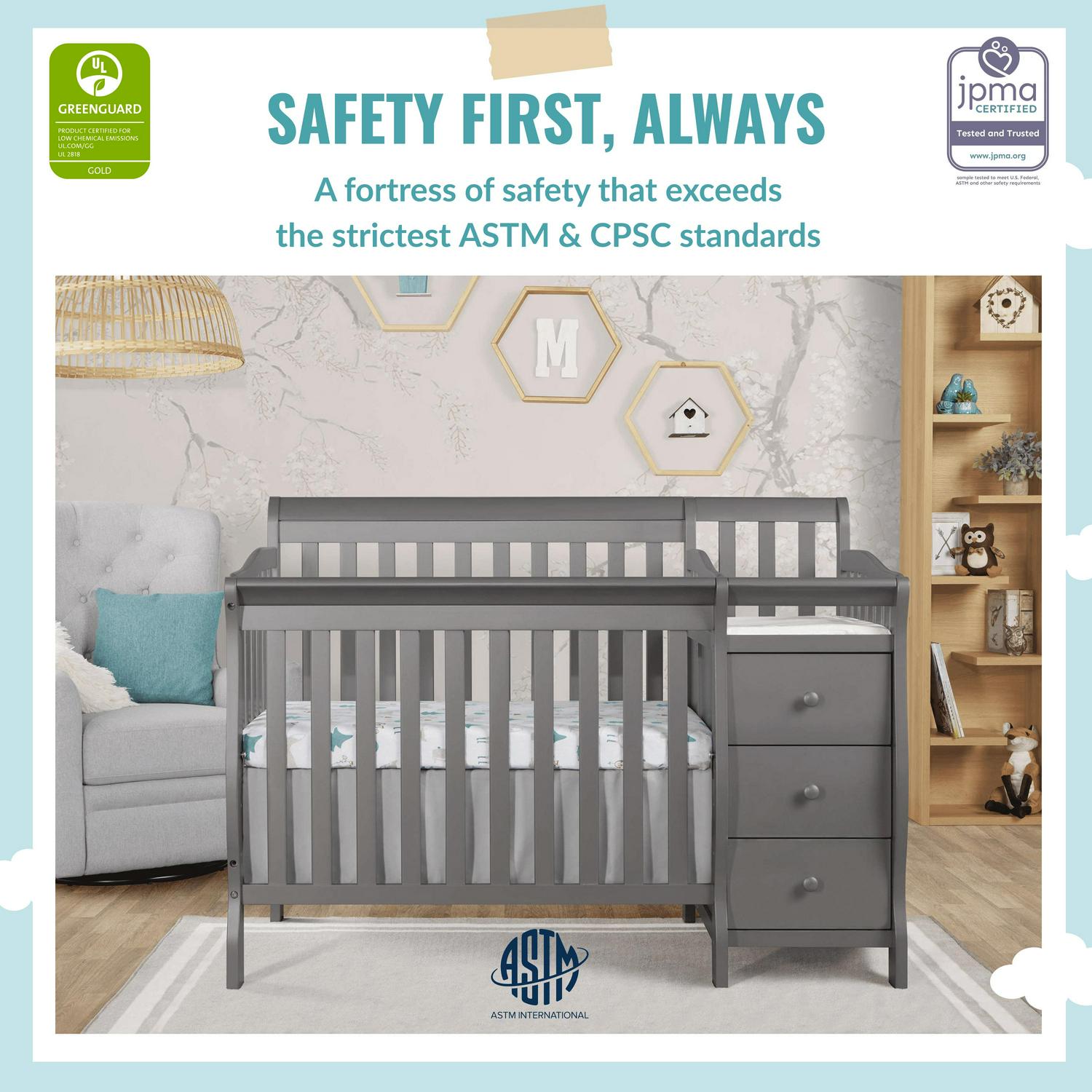 Dream On Me Jayden 4-in-1 Convertible Mini Crib and Changer. Storm Grey