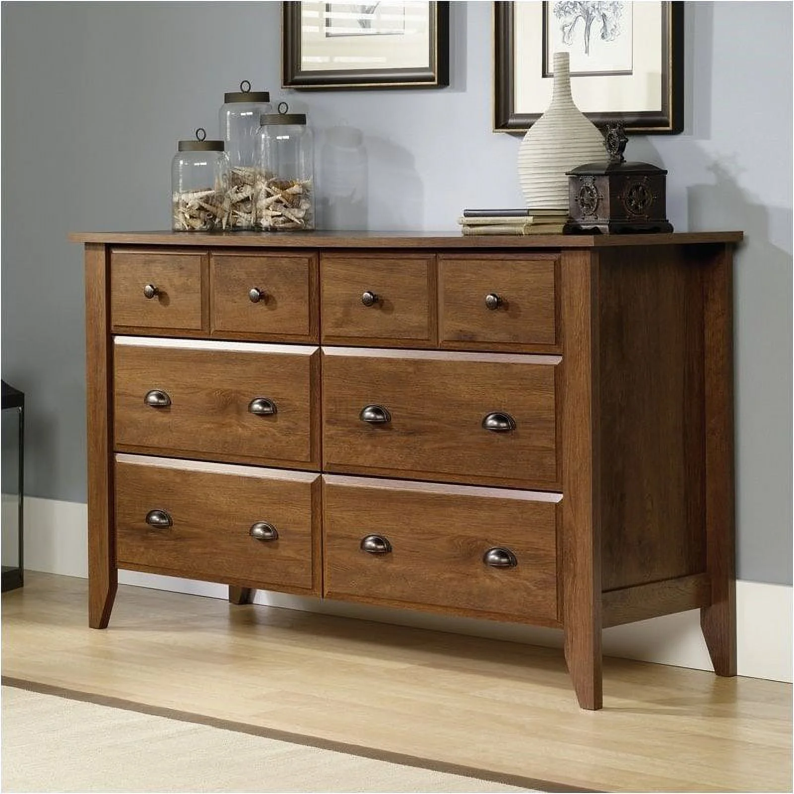 Pemberly Row Extra Deep 6 Drawer Double Bedroom Dresser in Oiled Oak