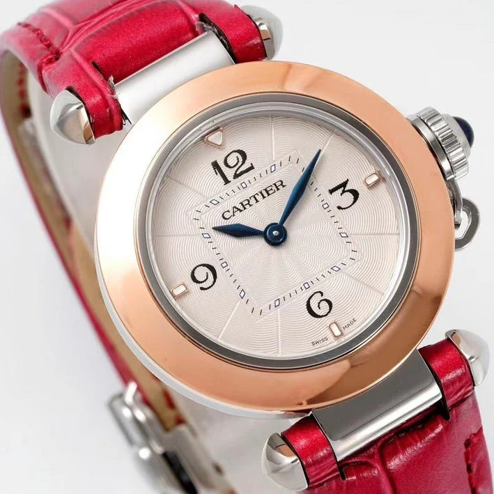 Cartier Watch pasha 30mm quartz pink gold white dial red leather