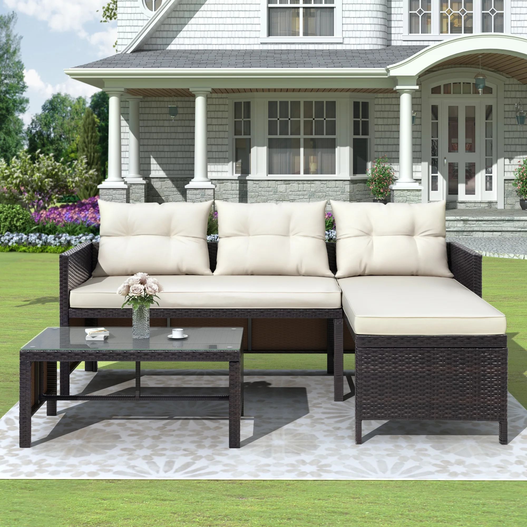 3 Pieces Patio Furniture Set, Outdoor Cushioned Sectional Sofa Set with Two-Seater Sofa, Lounge Sofa, Glass Coffee Table, PE Wicker Conversation Set for Backyard, Balcony, Poolside, Deck, D6027