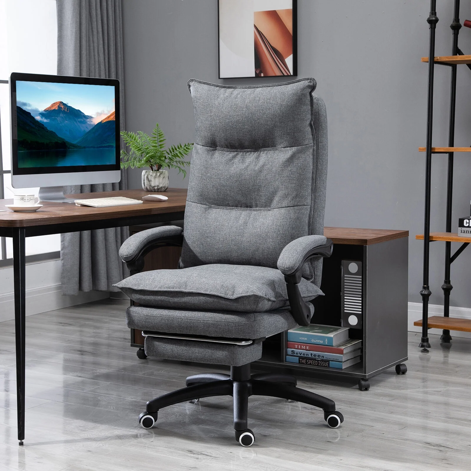 Office Chair Vinsetto 360 Swivel Executive Home Office Chair Adjustable Height Linen Style Fabric Recliner with Retractable Footrest and Double Padding, Grey,Ergonomic Office Chair