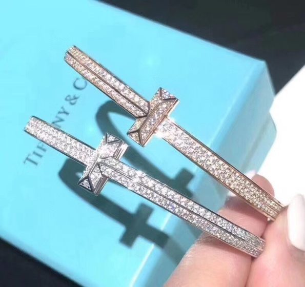 Tiffany Bracelet Dupe, T1 Wide Diamond Hinged Bangle, Platinum & Rose Gold