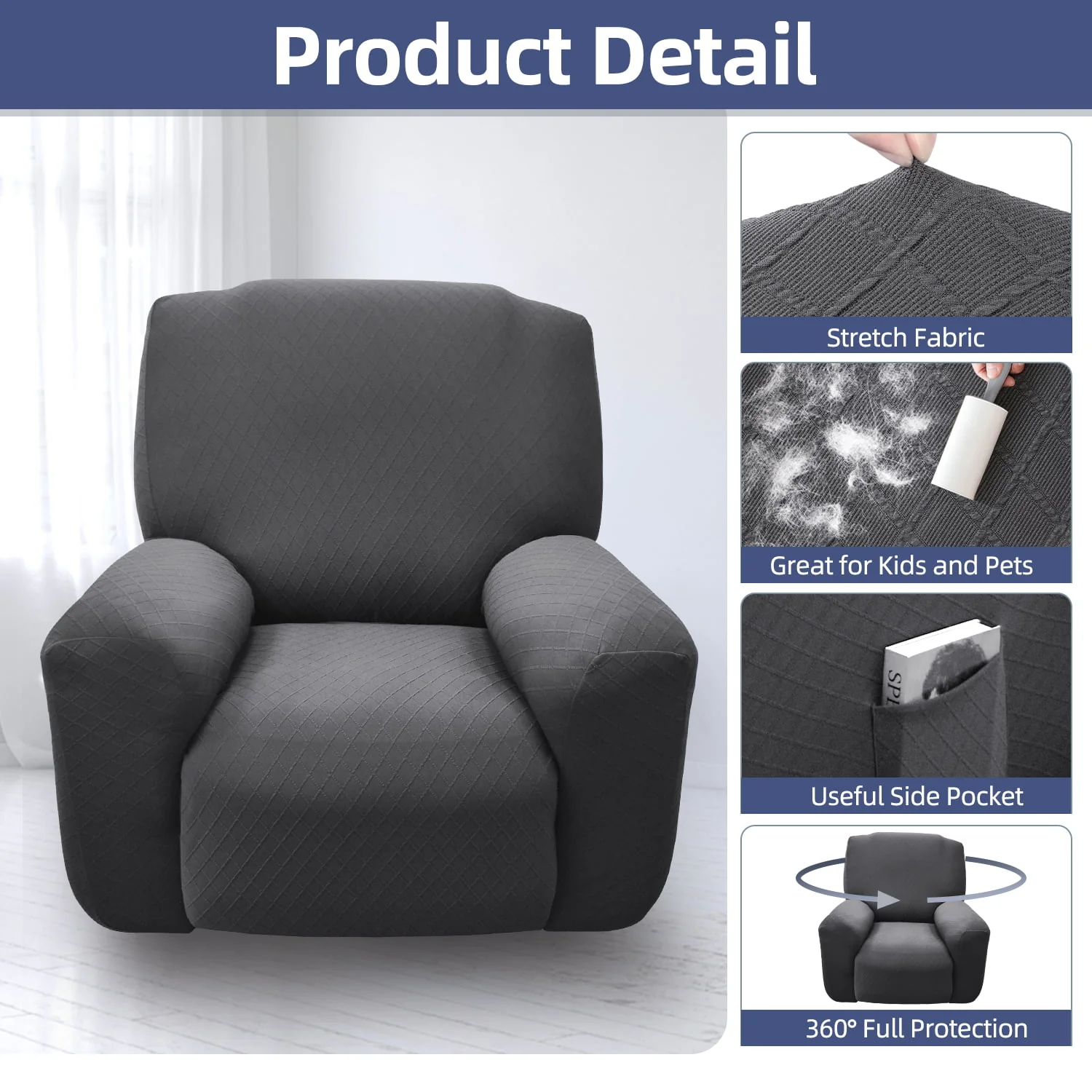 100% Waterproof Elastic Recliner Cover, 4-Piece Leakproof Jacquard Recliner Chair Slipcover Protector with Side Pockets for Kids, Pets, Dog and Cat (Dark Gray)
