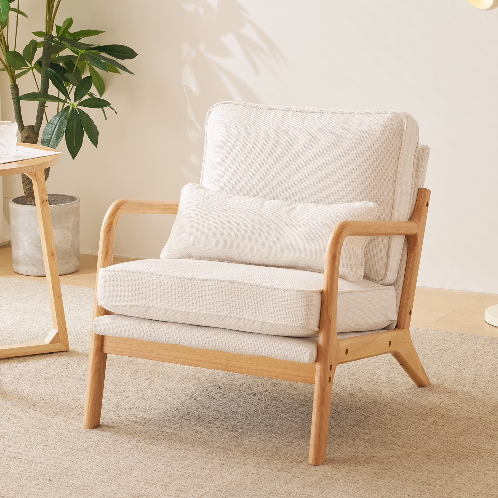 UBesGoo Modern Arm Chair Linen Fabric Upholstered Comfy Reading Accent Chair with Solid Wood Frame Beige