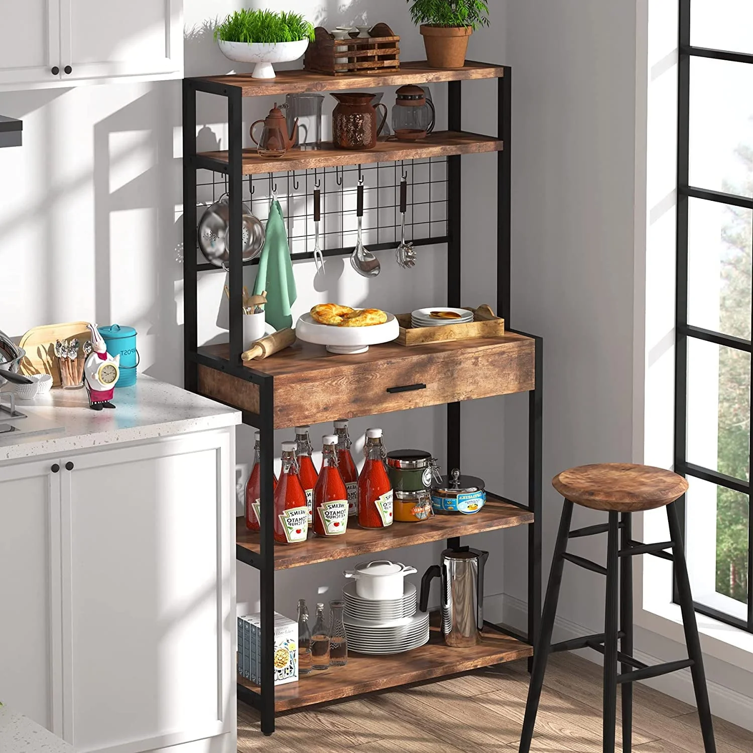 Tribesigns Kitchen Bakers Rack with Hutch, 5-Tier Kitchen Utility Storage Shelf with Hutch and 8 S-Hooks, Vintage Brown