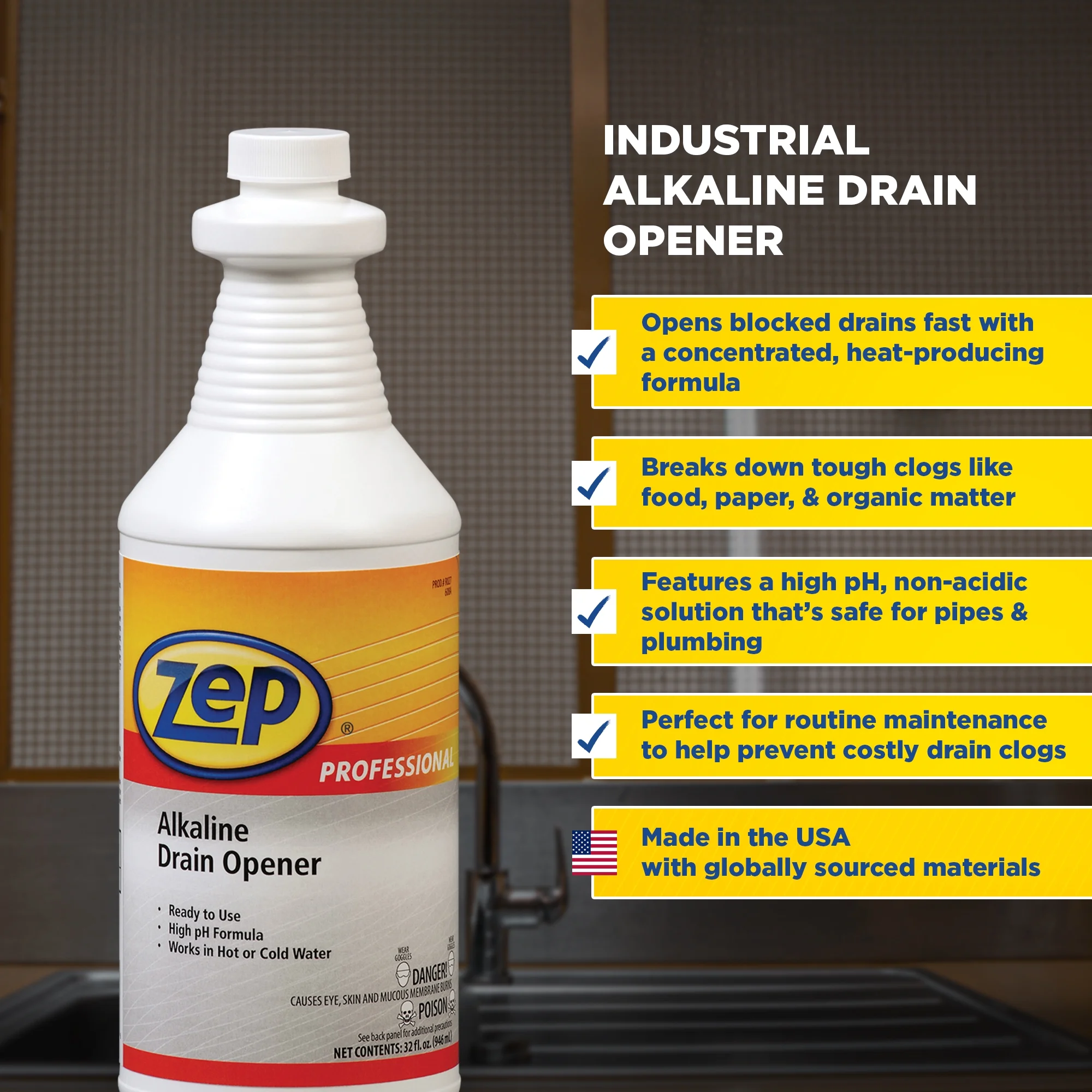 Zep Professional Alkaline Drain Opener - 32 oz (Case of 12) - 1041423 - Ready-To-Use, High pH Formula, Works Great in Both Hot and Cold Water, Safe for Plumbing and Pipes