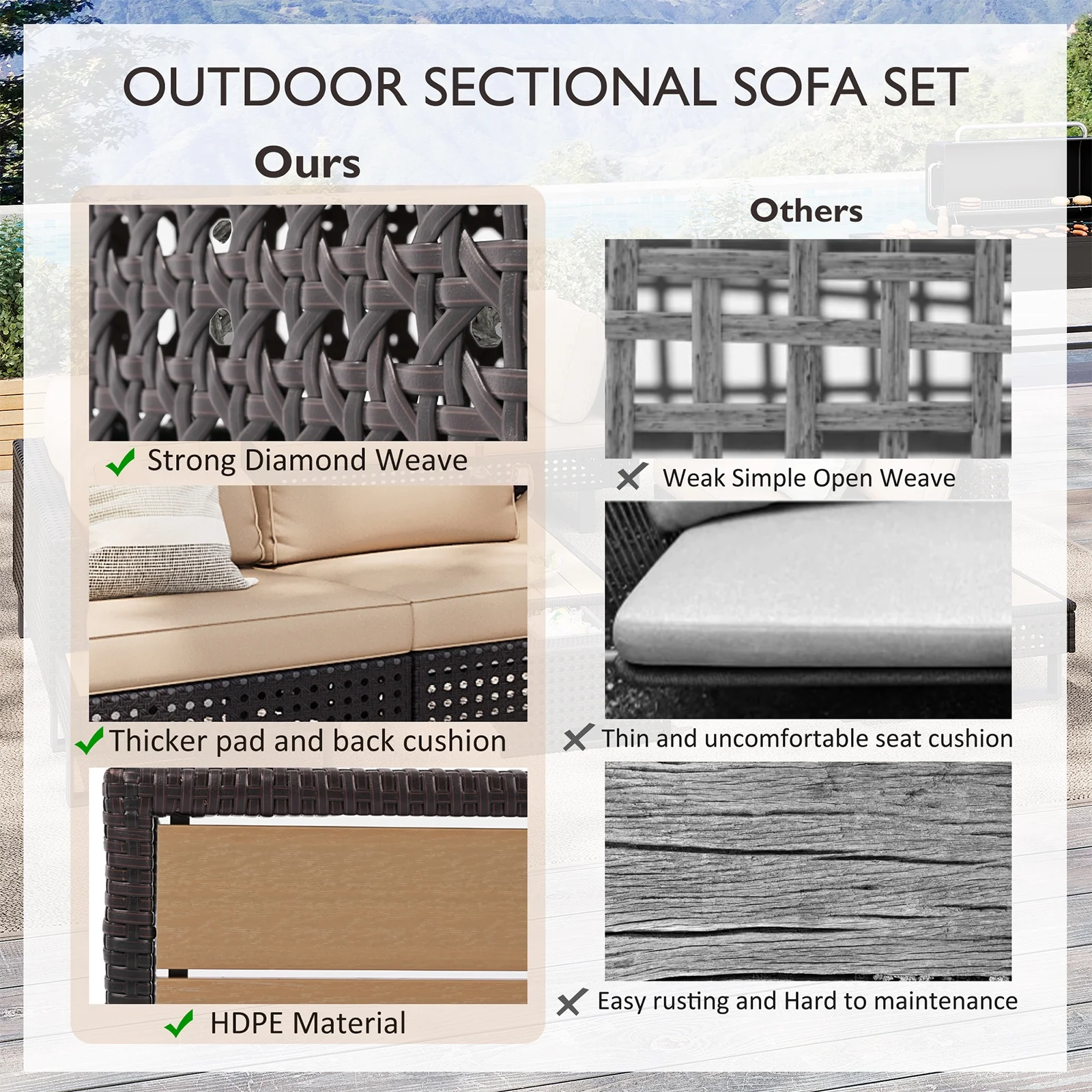 6-Piece Outdoor Sectional Furniture Set for Patio, Expandable Coffee Table w/ Ice Bucket & Collapsible Seat, Deep Cushions - Khaki