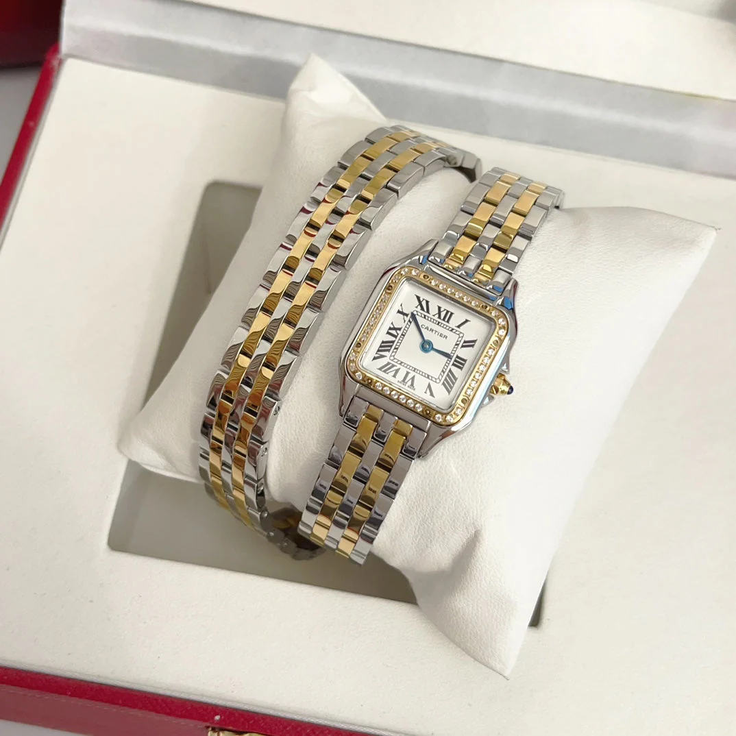 Cartier Watch Panthere 22mm Gold Silver Diamond Bezel Double Chain 44cm