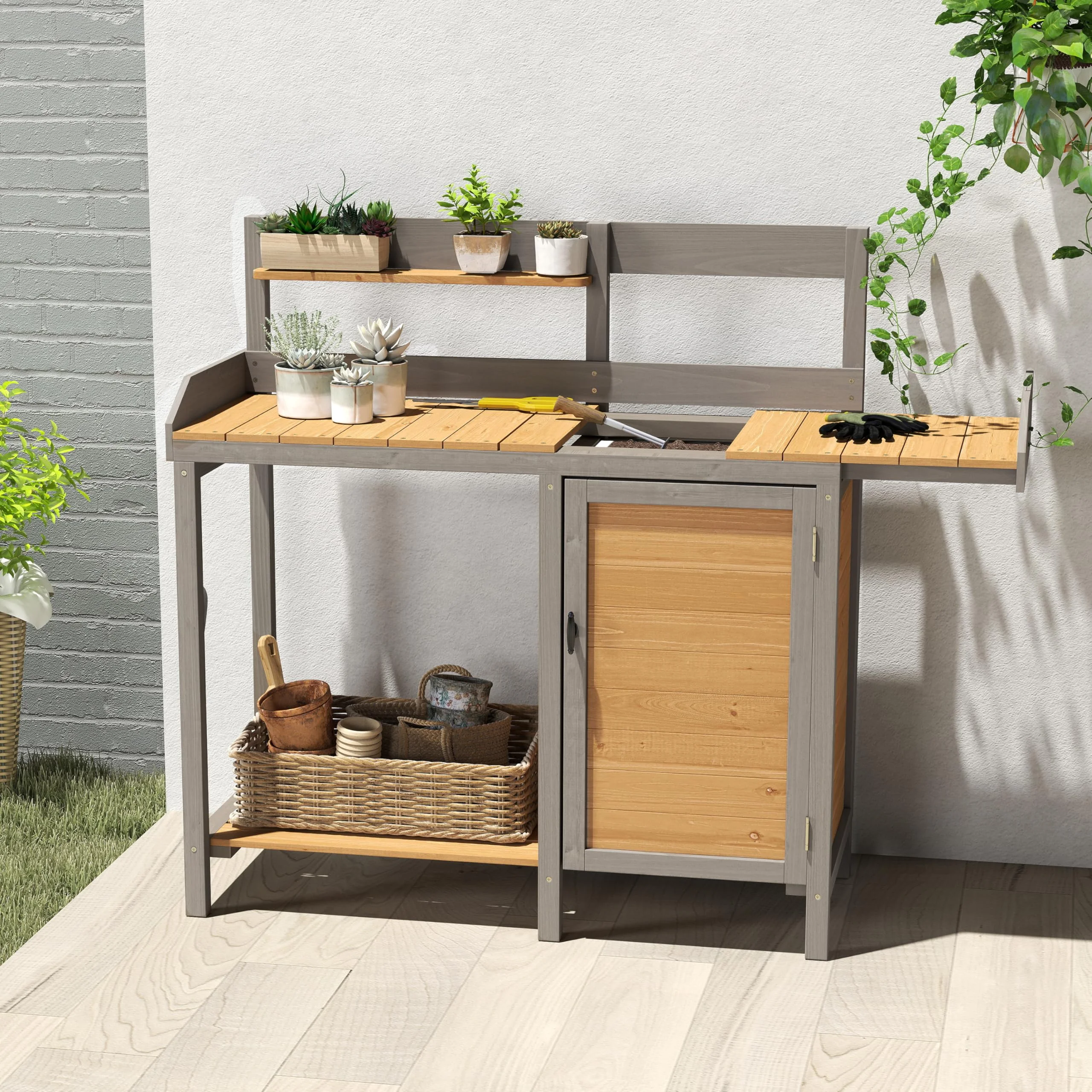Wooden Potting Bench Table with Sink,Outdoor Garden Table Work Bench with Storage, Workstation for Outside Patio Lawn