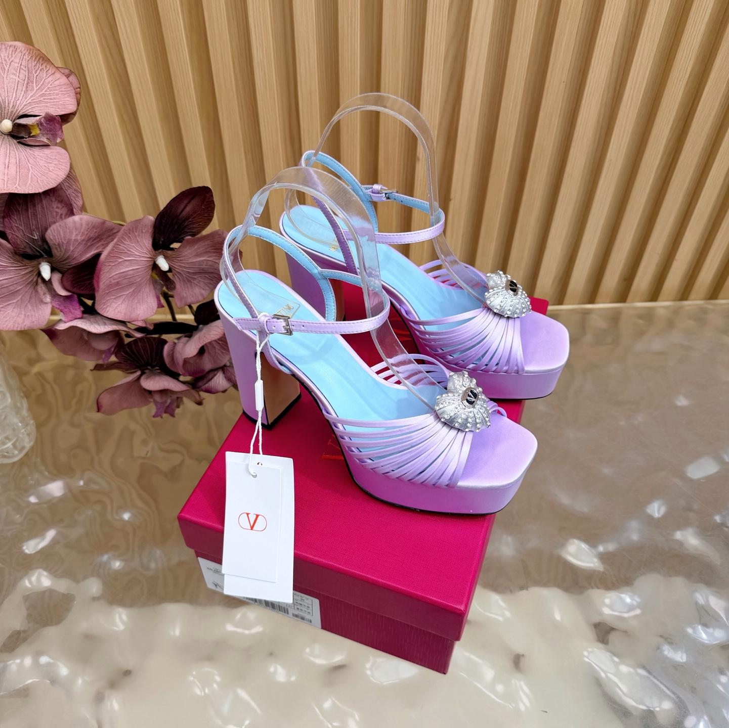 Valentino Garavani Lavender VLogo Crystal Brooch Satin Multi Straps Platform Square Toe Chunky Heel Sandals