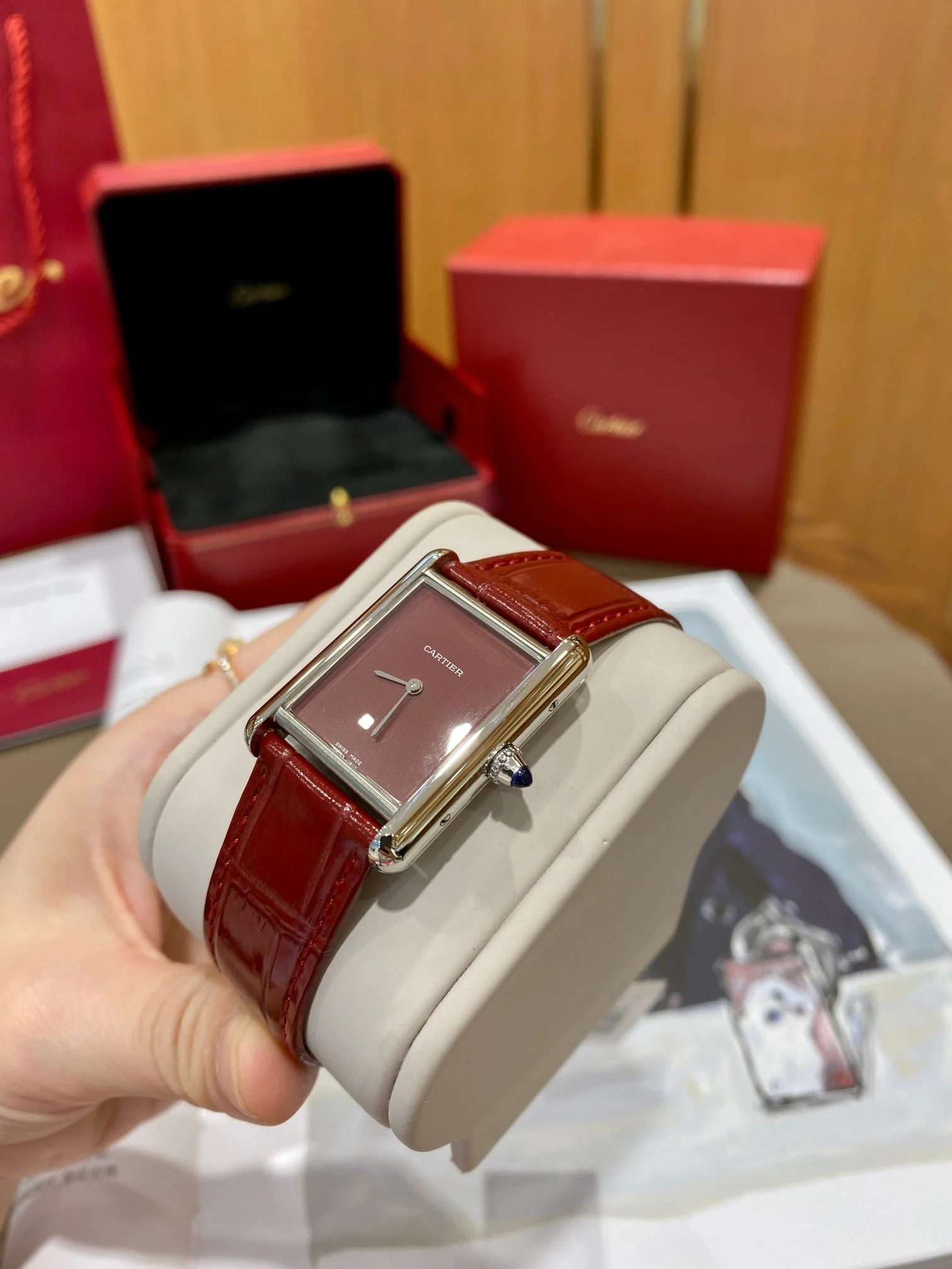 Cartier Watch Tank 25.5mm Quartz Silver Red Dial