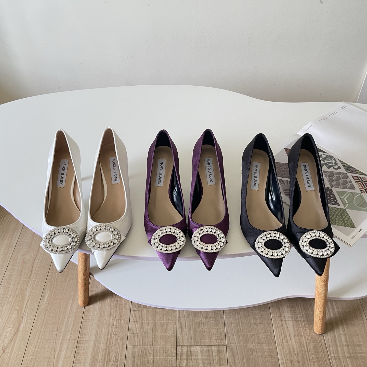 Manolo Blahnik Satin Crystal Oval Buckle Pumps