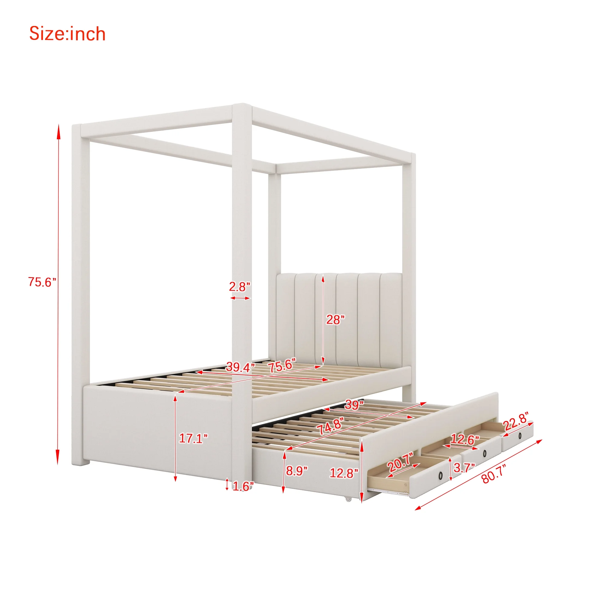 Harper & Bright Designs Twin Size Upholstery Canopy Platform Bed with Trundle and 3 Storage Drawers, Captain Platform Bed Frame with 4-Poster Canopy Roof, Beige